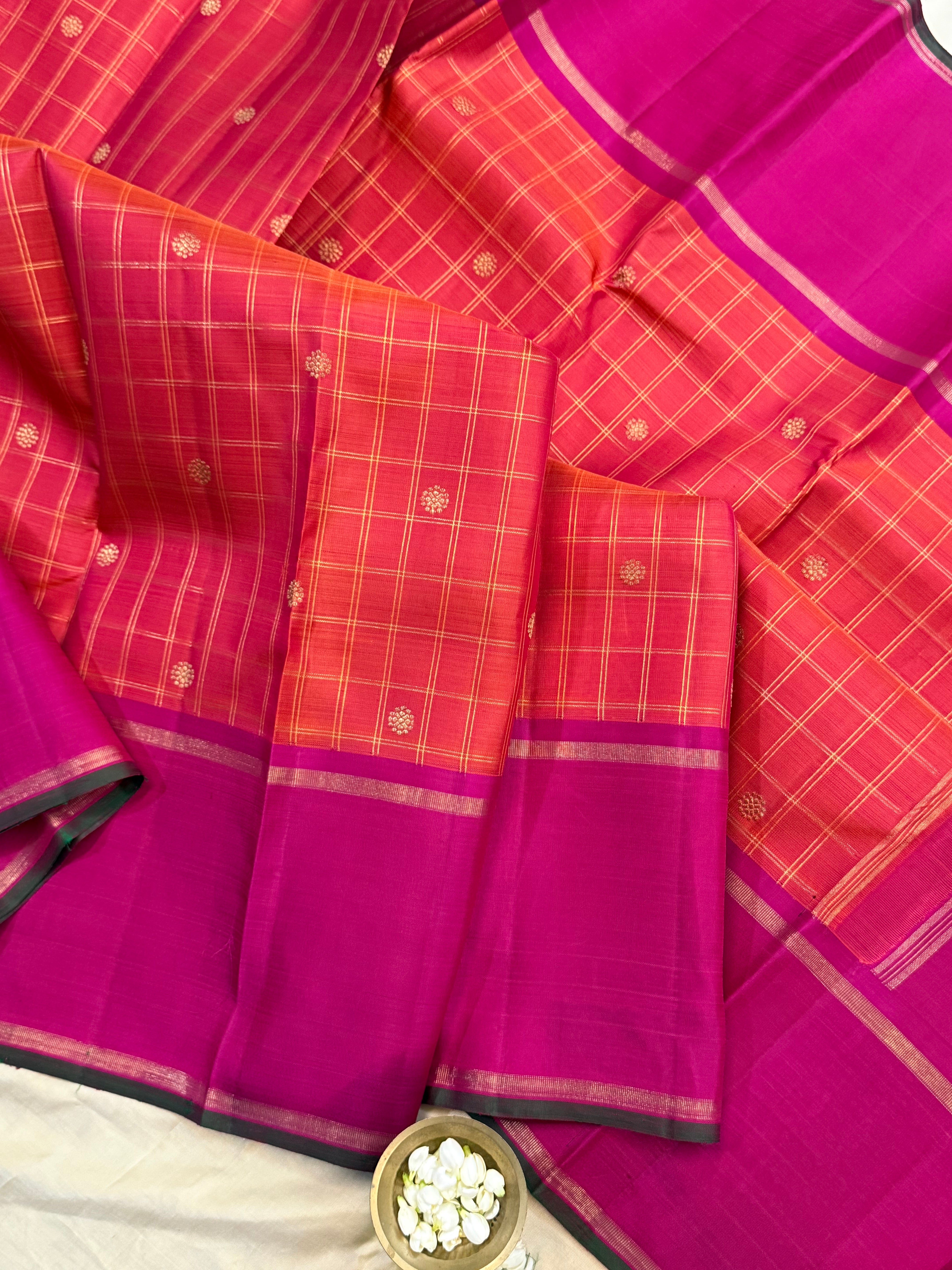 Orange kattam butta and pink / Kanjipuram silk