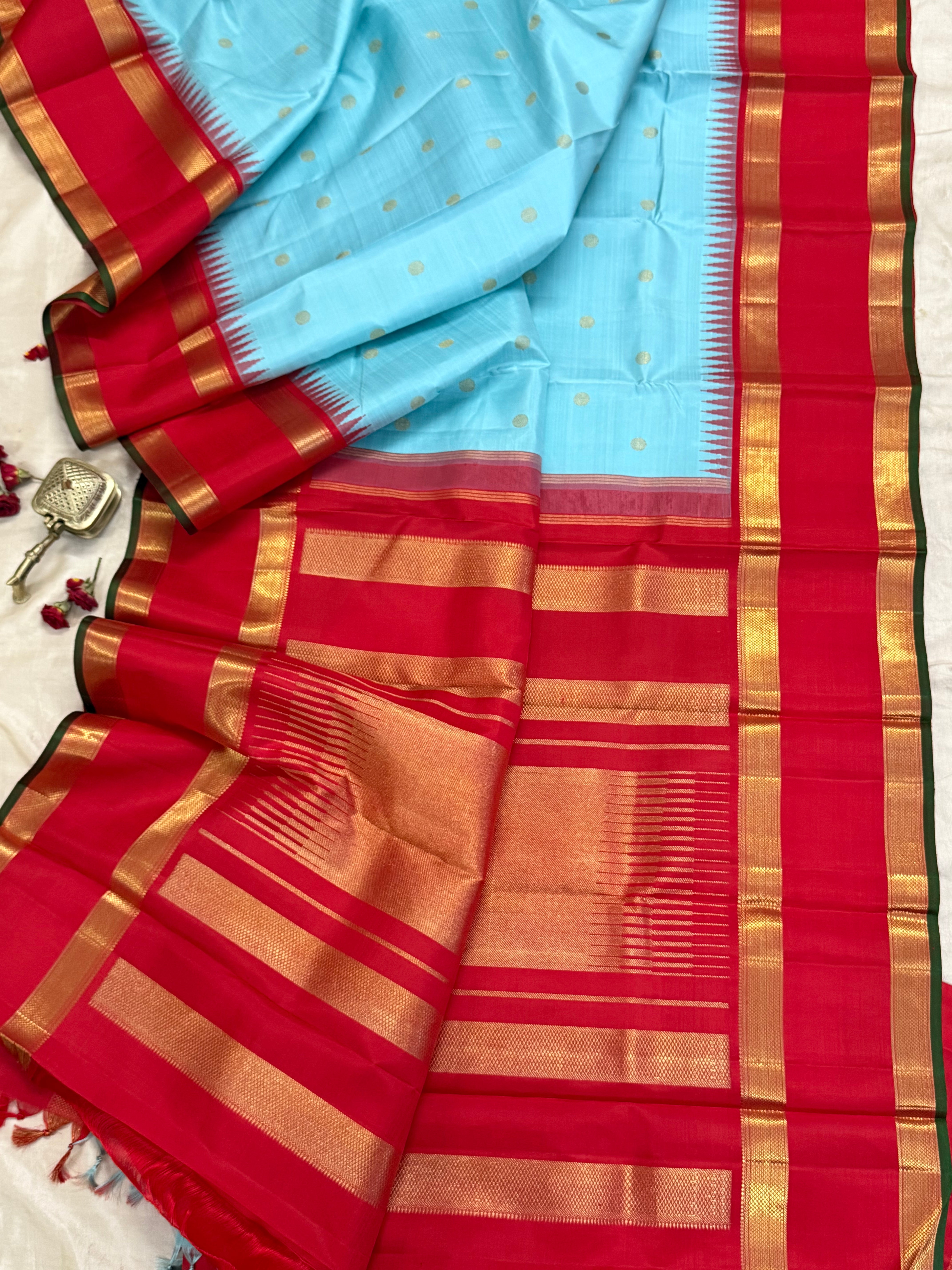 Sky blue and Red rettapet border kai korvai/ Kanjipuram silk