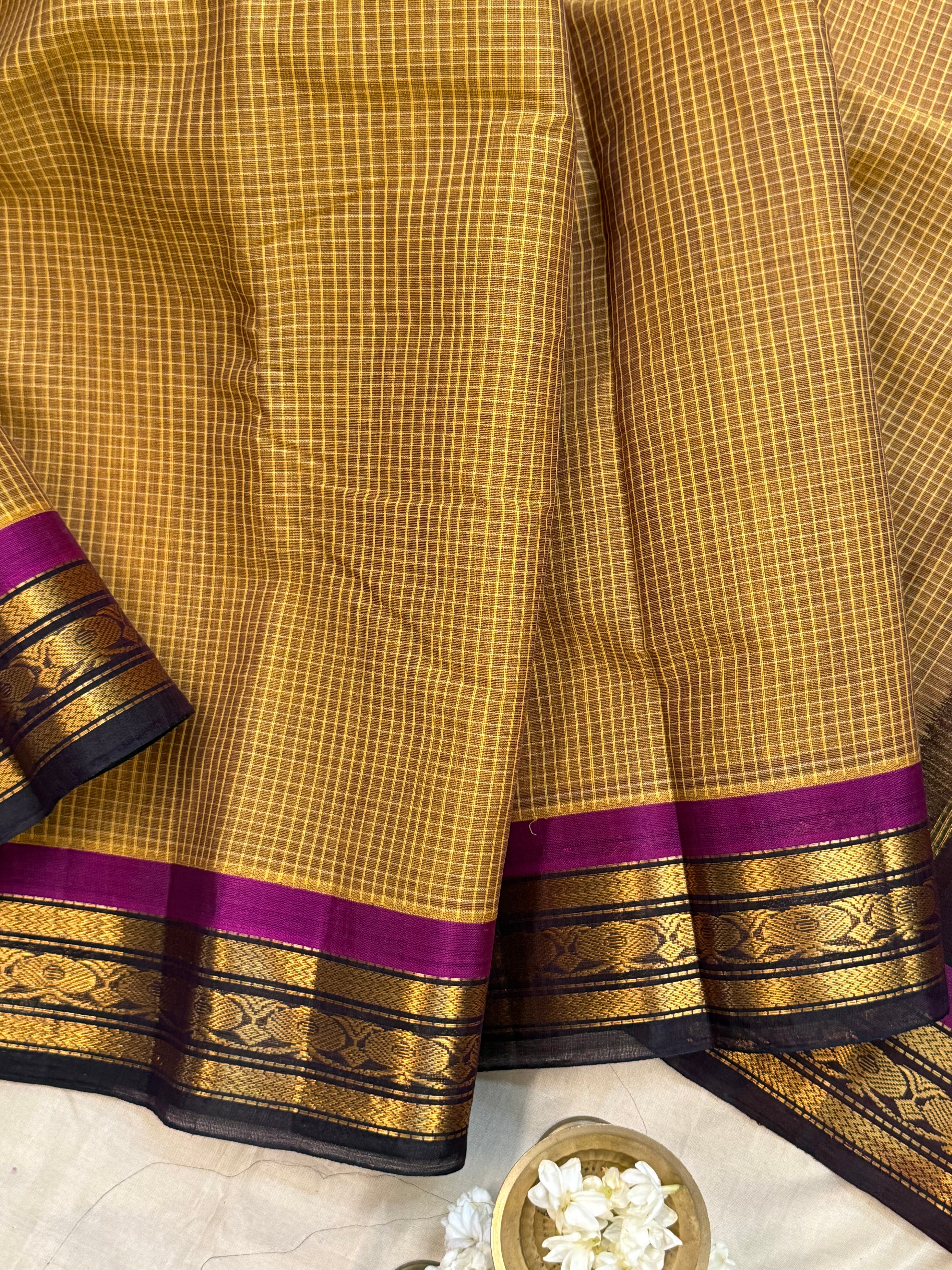 Mustard yellow and deep purple korvai / Gadwal cotton ( No Blouse)
