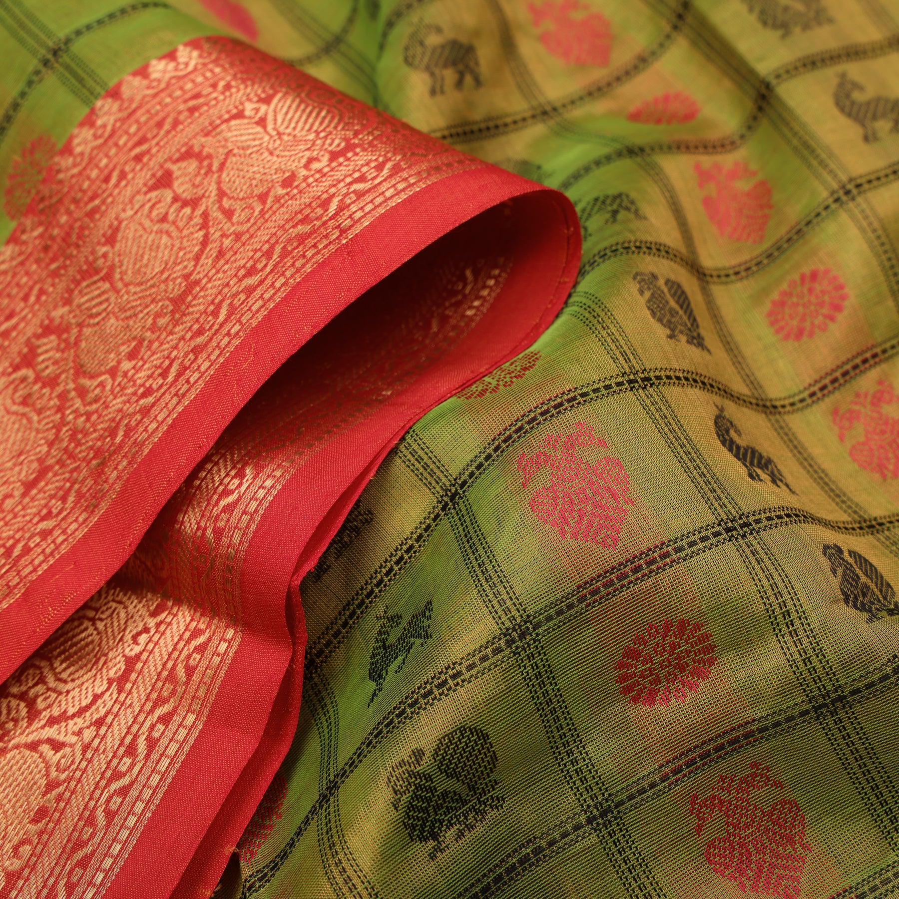Parrot green with pink kattam - silk cotton