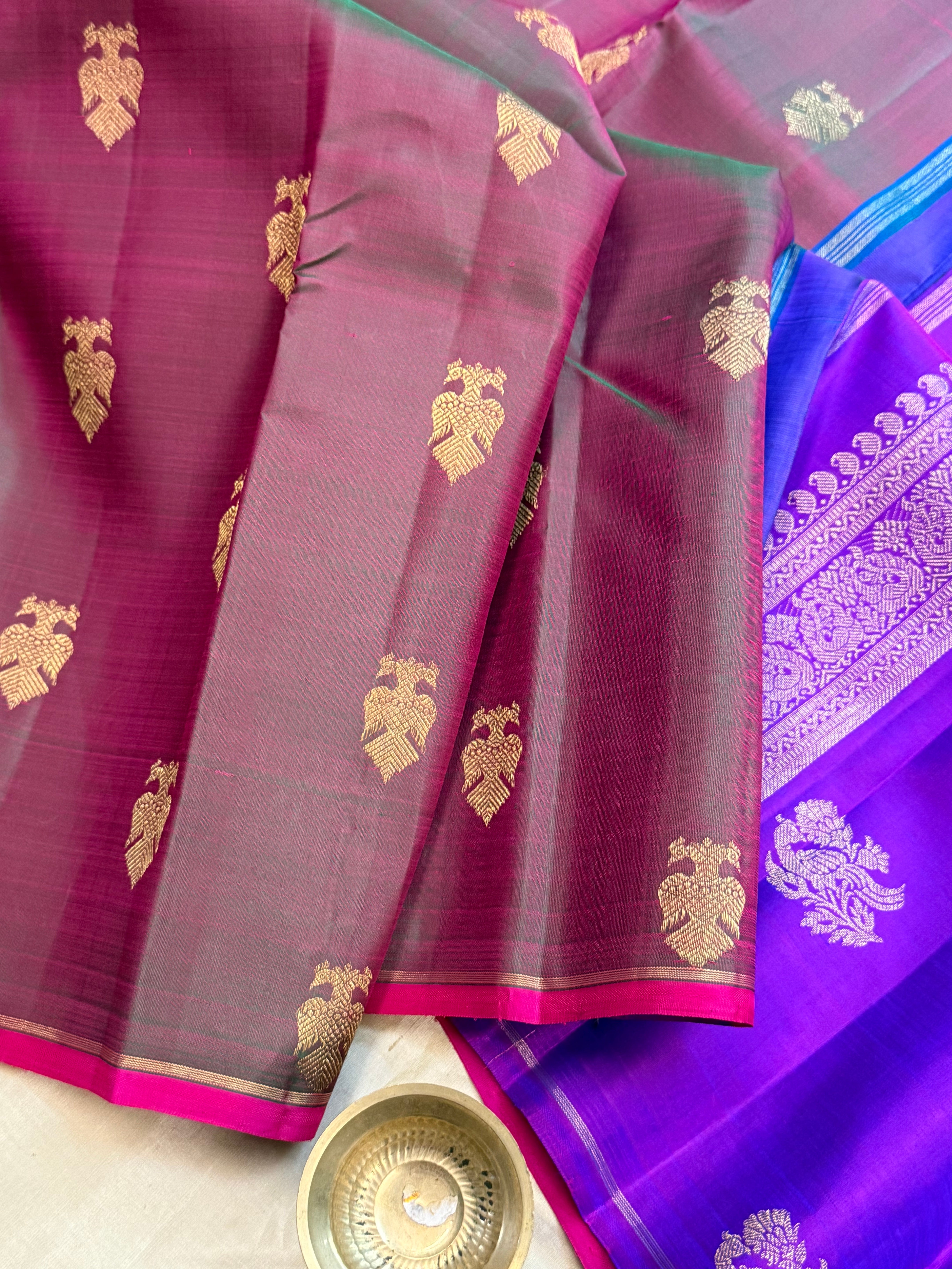 Brown shot purple Iruthalaipakshi/ Kanjipuram silk