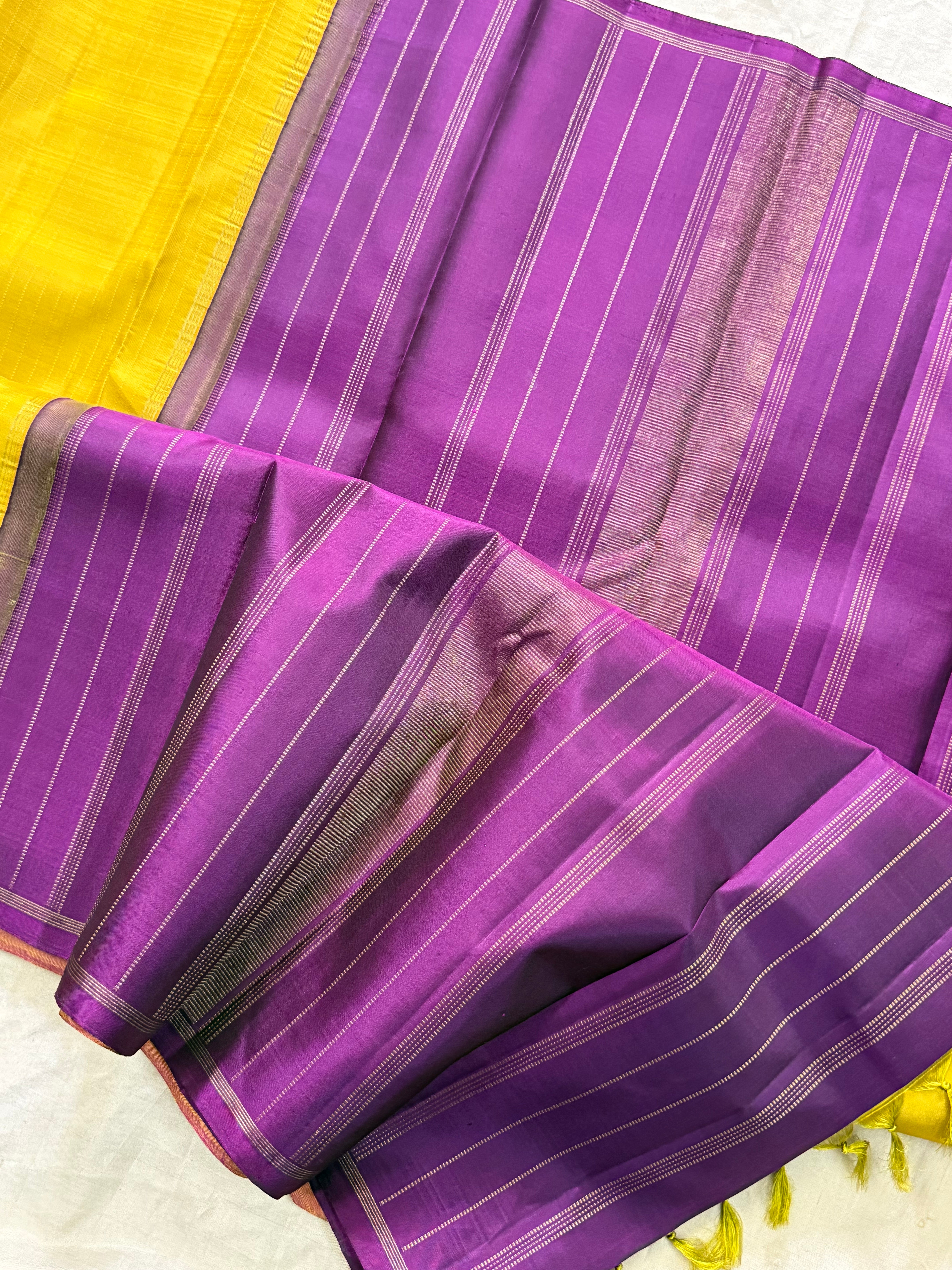 MUSTARD YELLOW AND BODY THREAD LINE BORDER LESS/KANJIPURAM SILK SAREE CLSA 9761