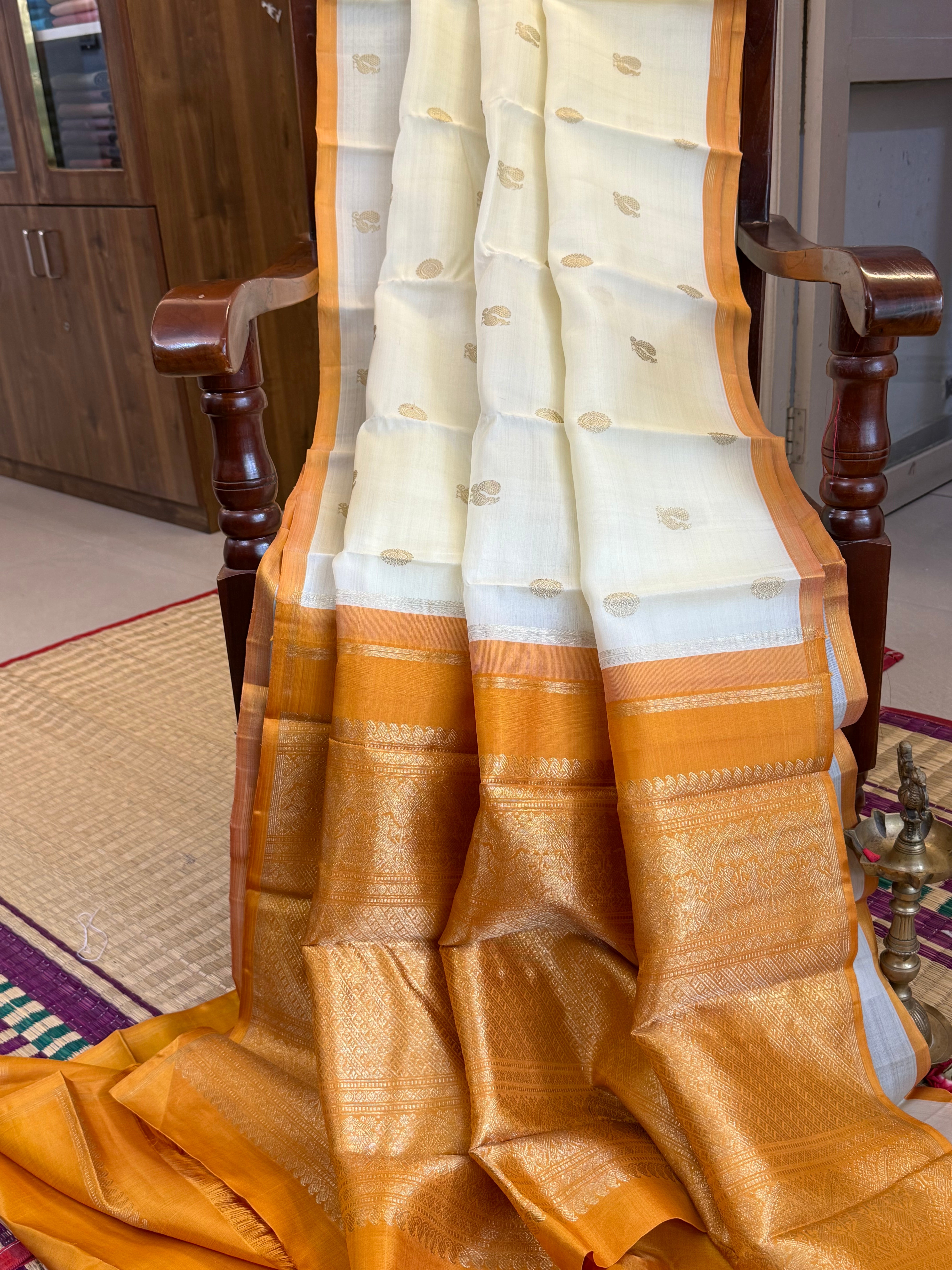 Off white with mustard Organza border less saree