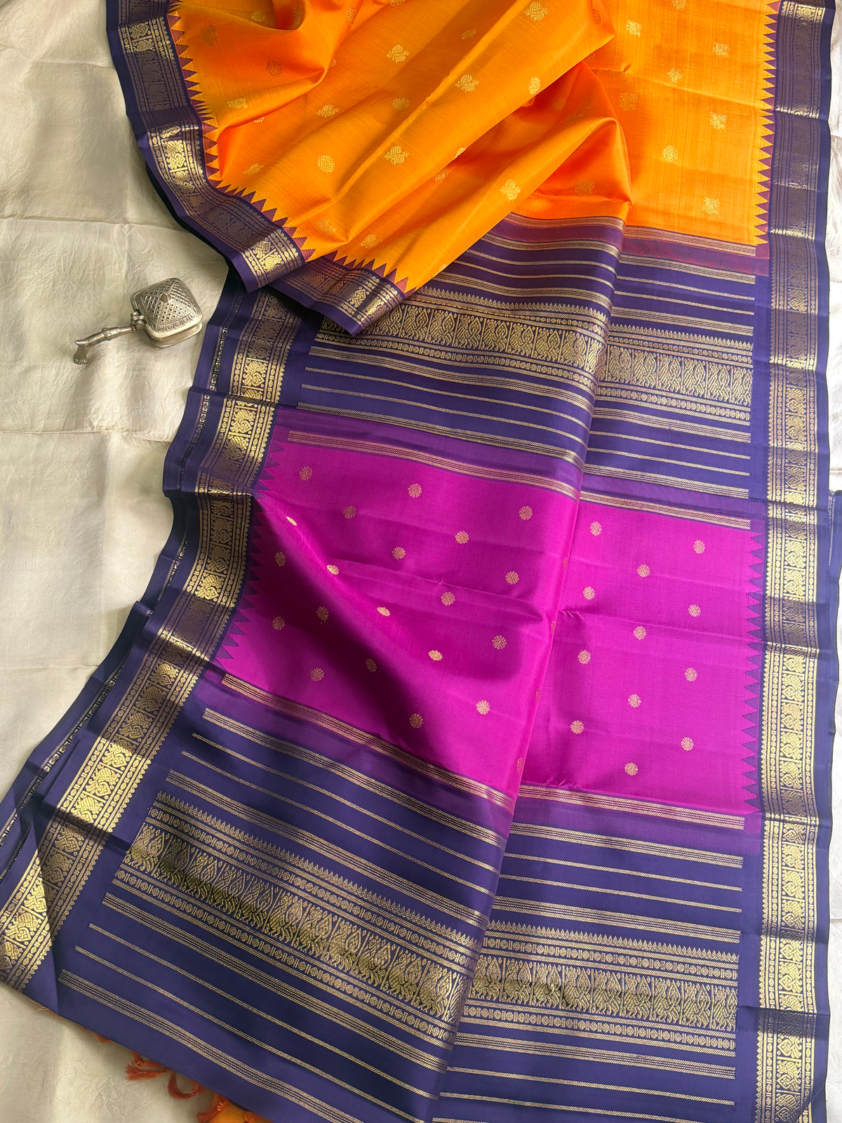 Mango yellow concept triple palla Korvai Kanjipuram silk