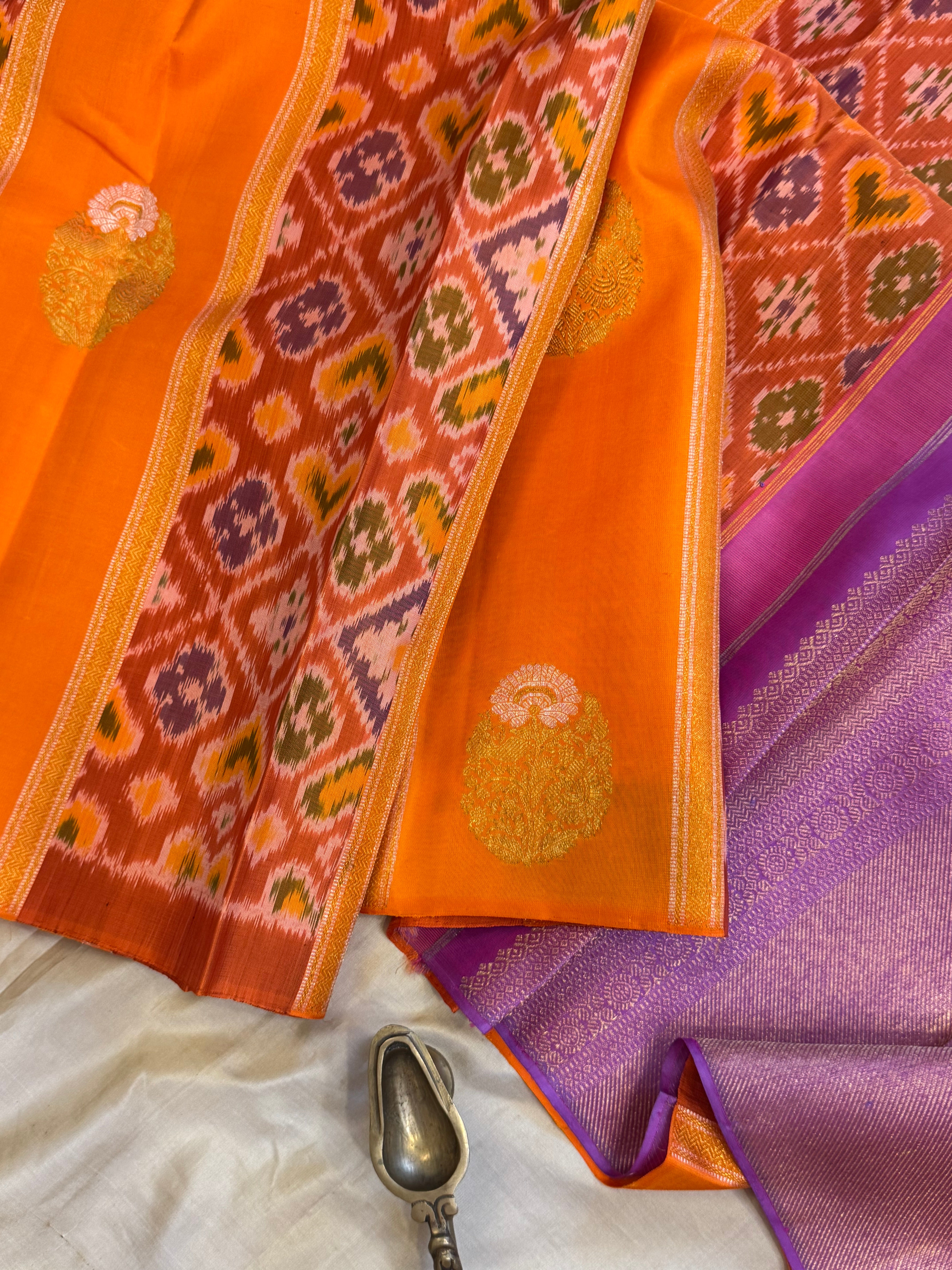 Orange Ikkat fusion kanjipuram saree