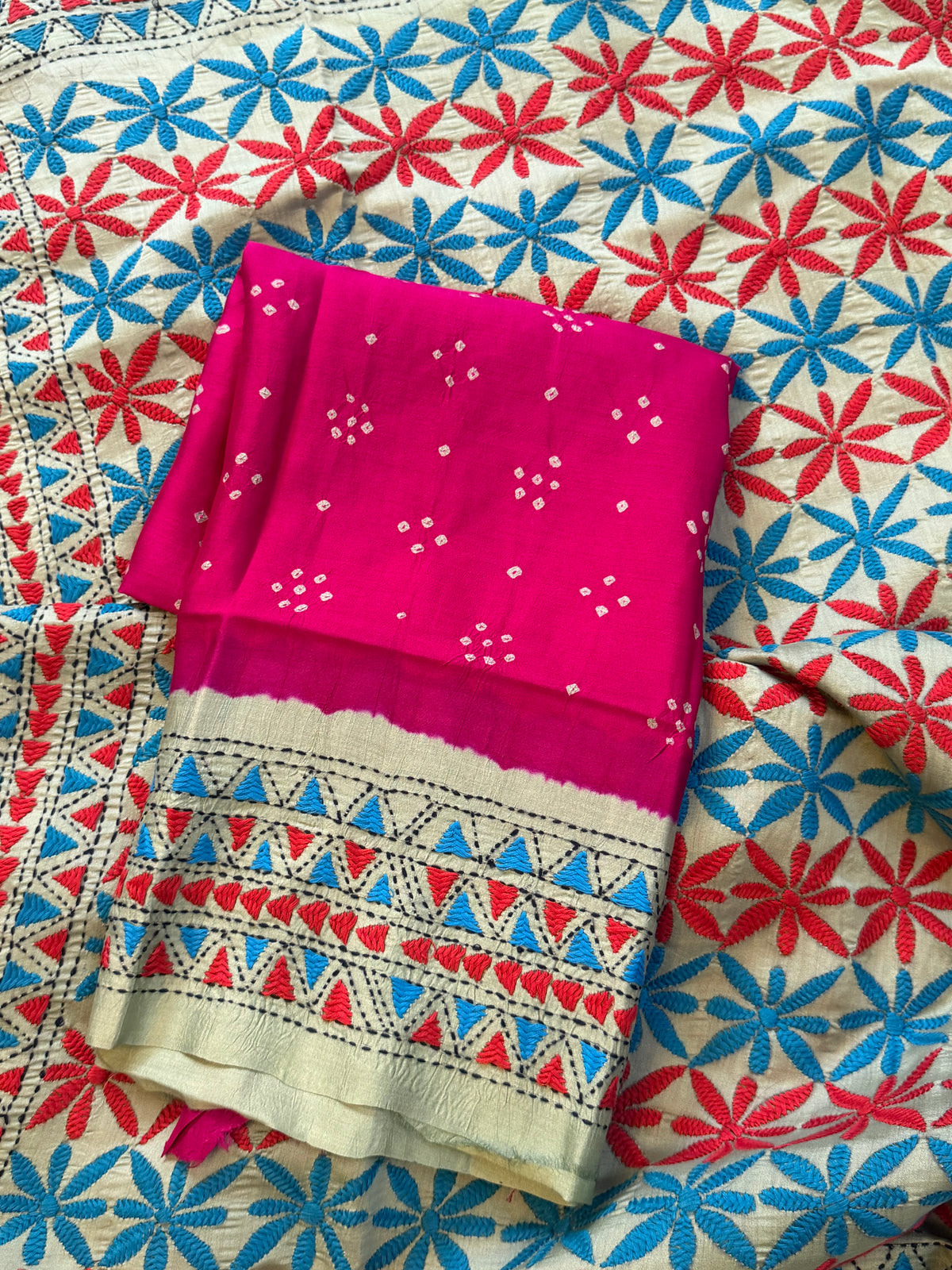 Pink Bandhini with Kantha work in silk