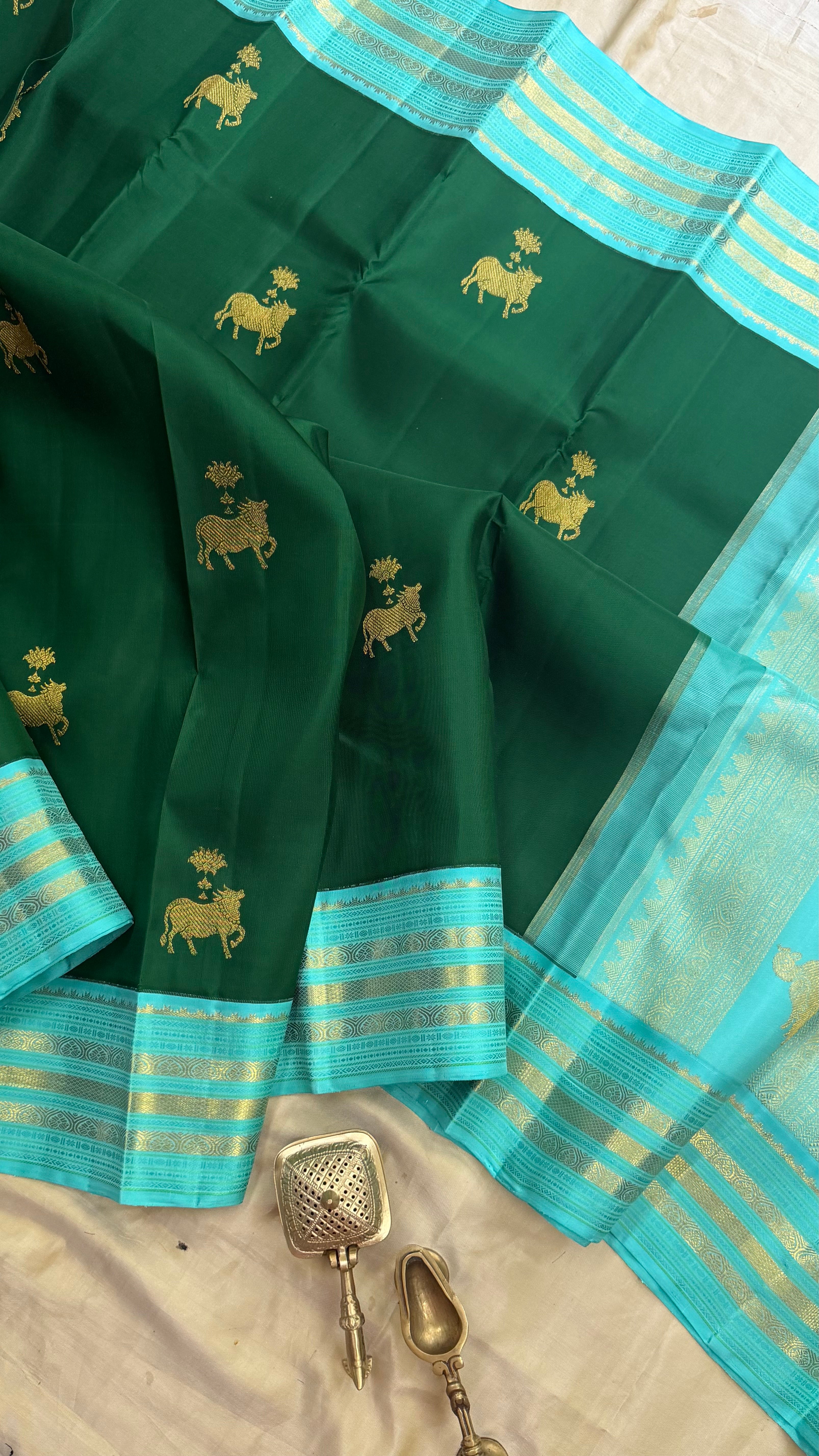 Amoha : Green with turquoise blue Korvai Kanjipuram silk 9088CL