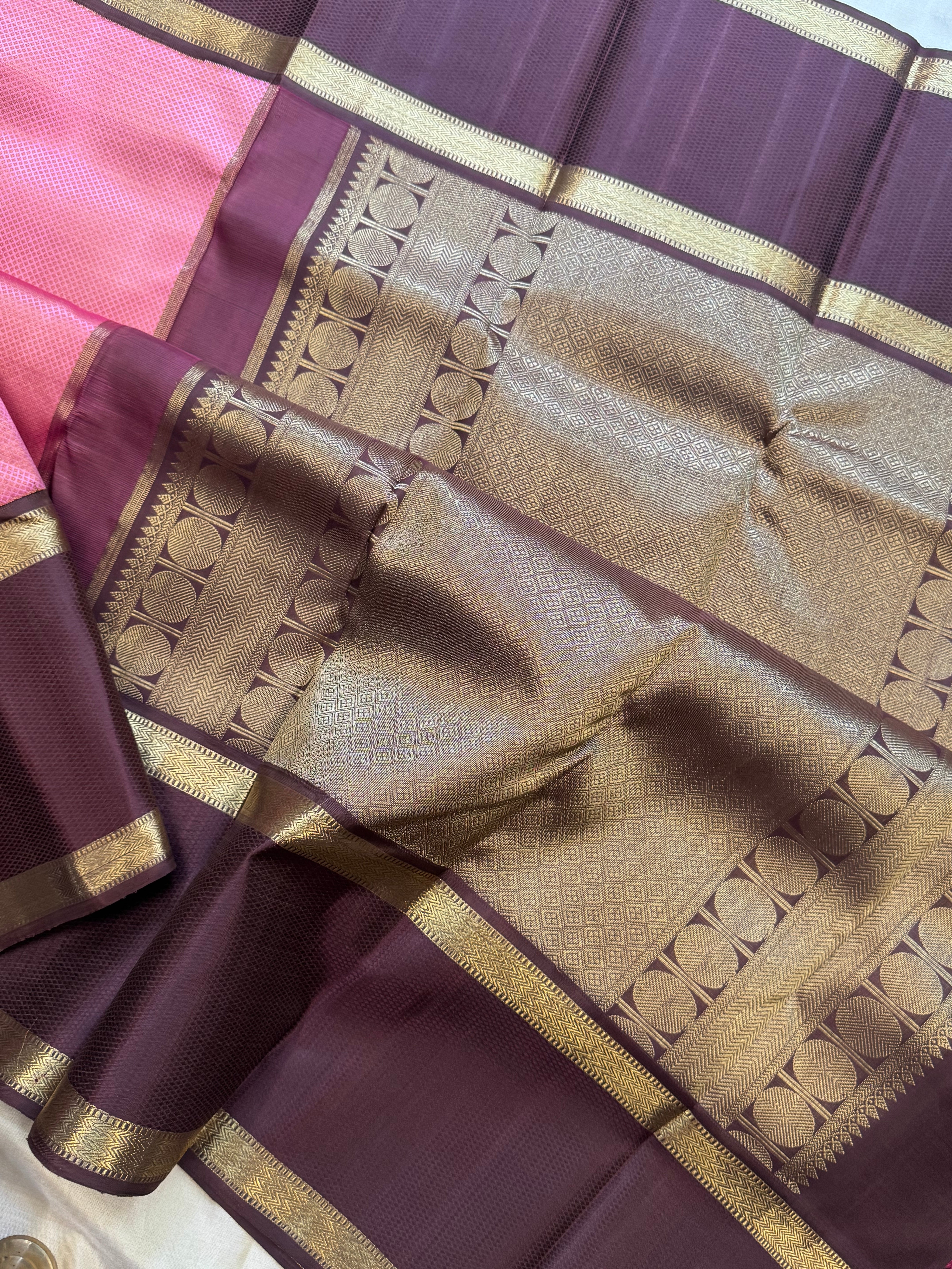 Geva pink kuil kann thread work 5.40m: kanjipuram silk