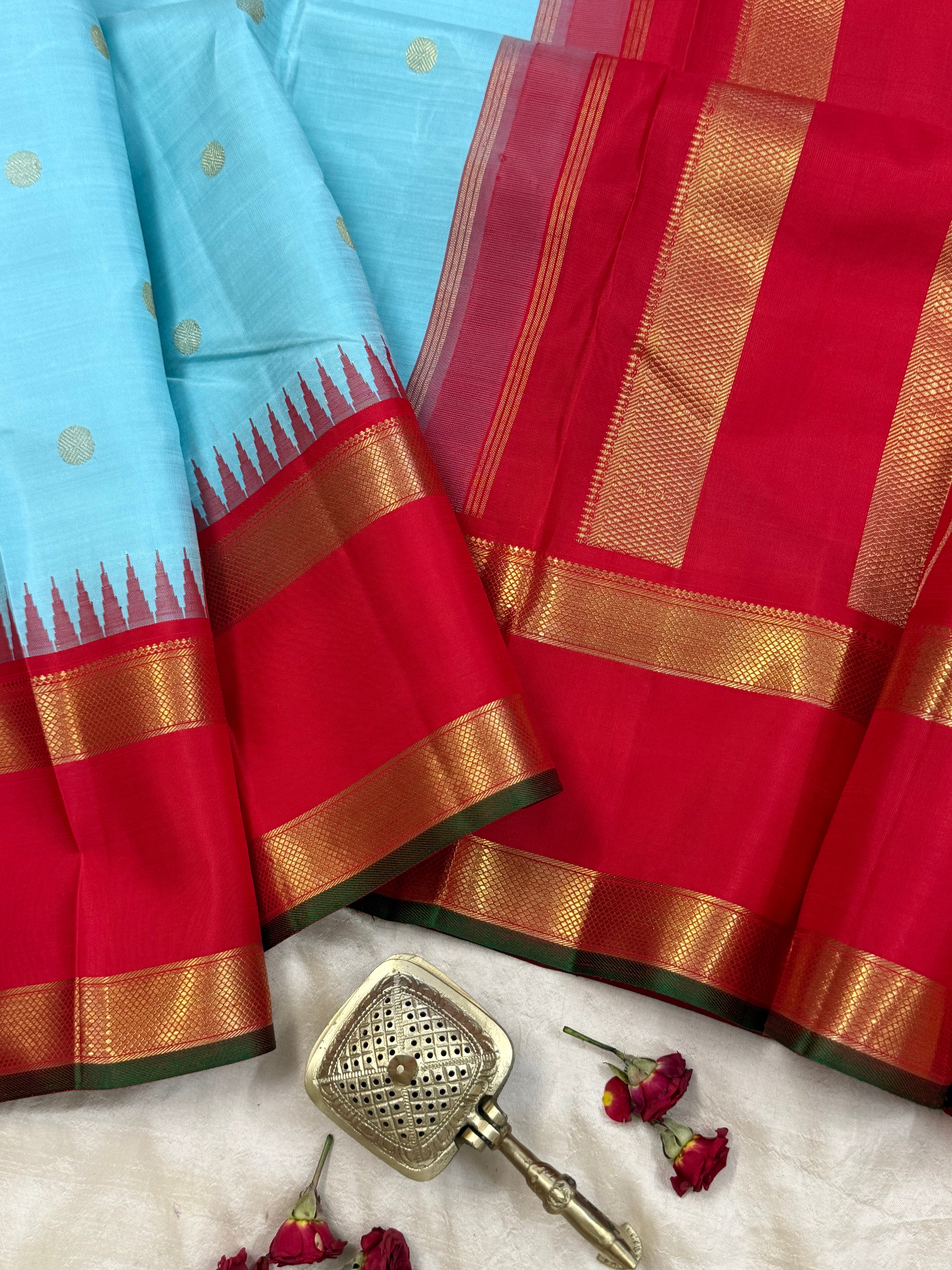 Sky blue and Red rettapet border kai korvai/ Kanjipuram silk