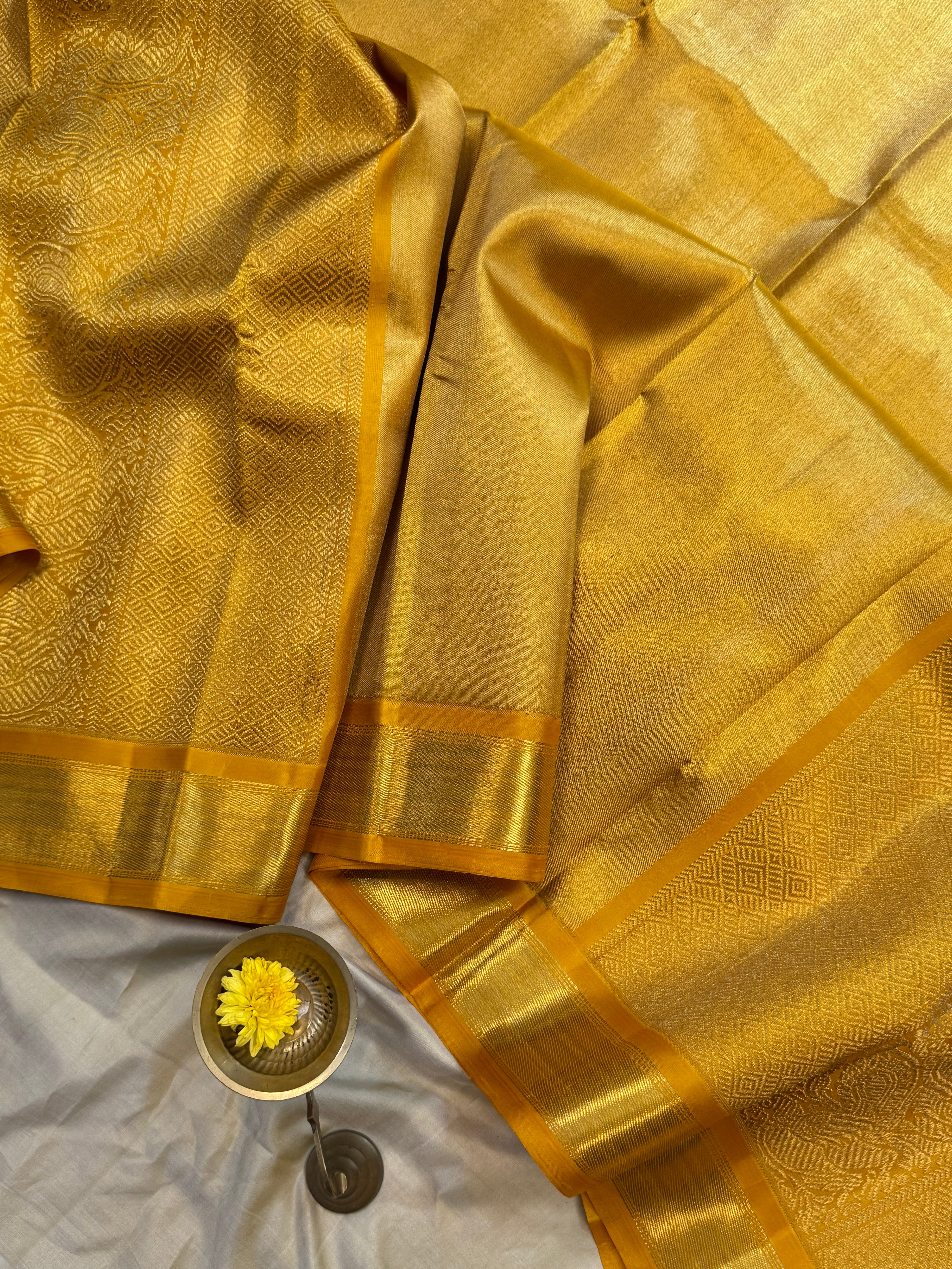 Golden mustard yellow berhampuri style long Palla kanjipuram silk.