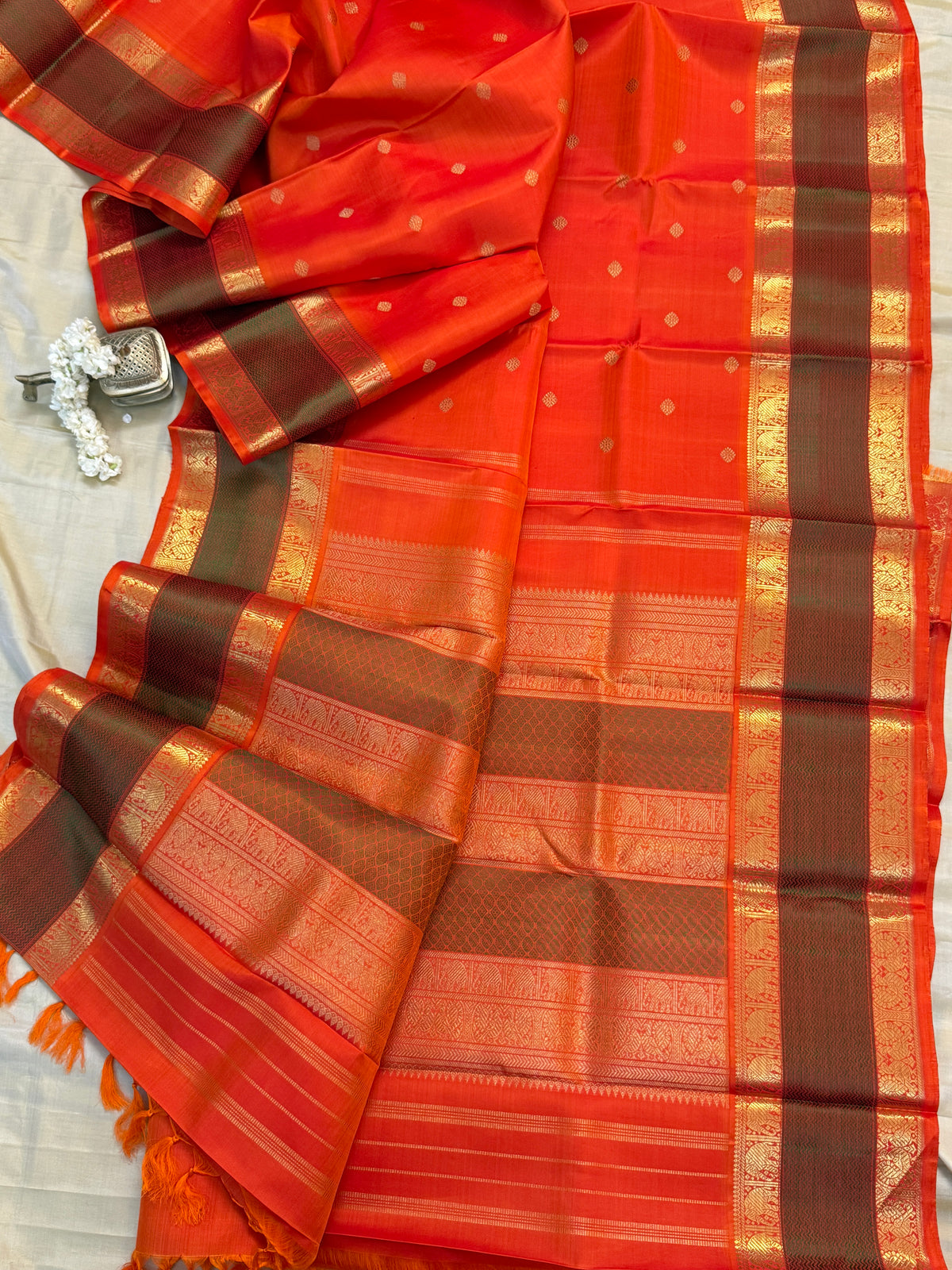 Navarathri - Day 5 Orange Colour pure Zari butta getti border /Kanjipuram silk sree Clsa6000