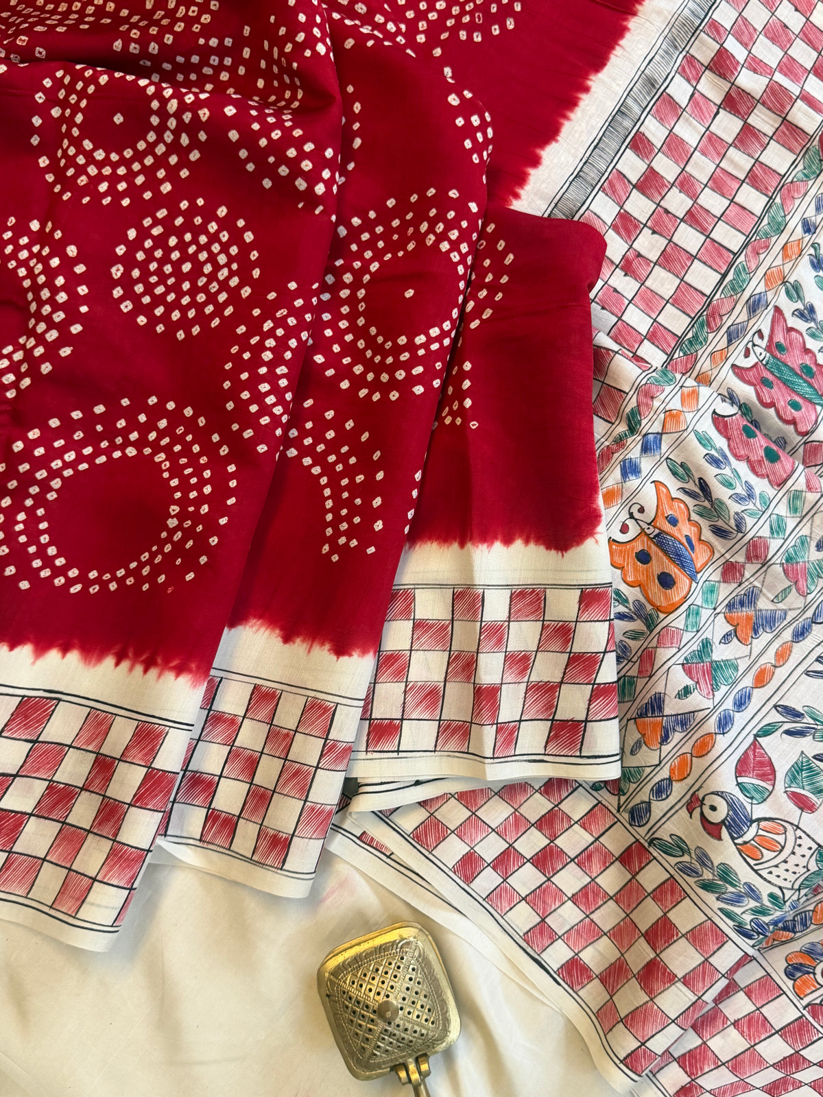 Red Bandhini with Madhubani work in silk