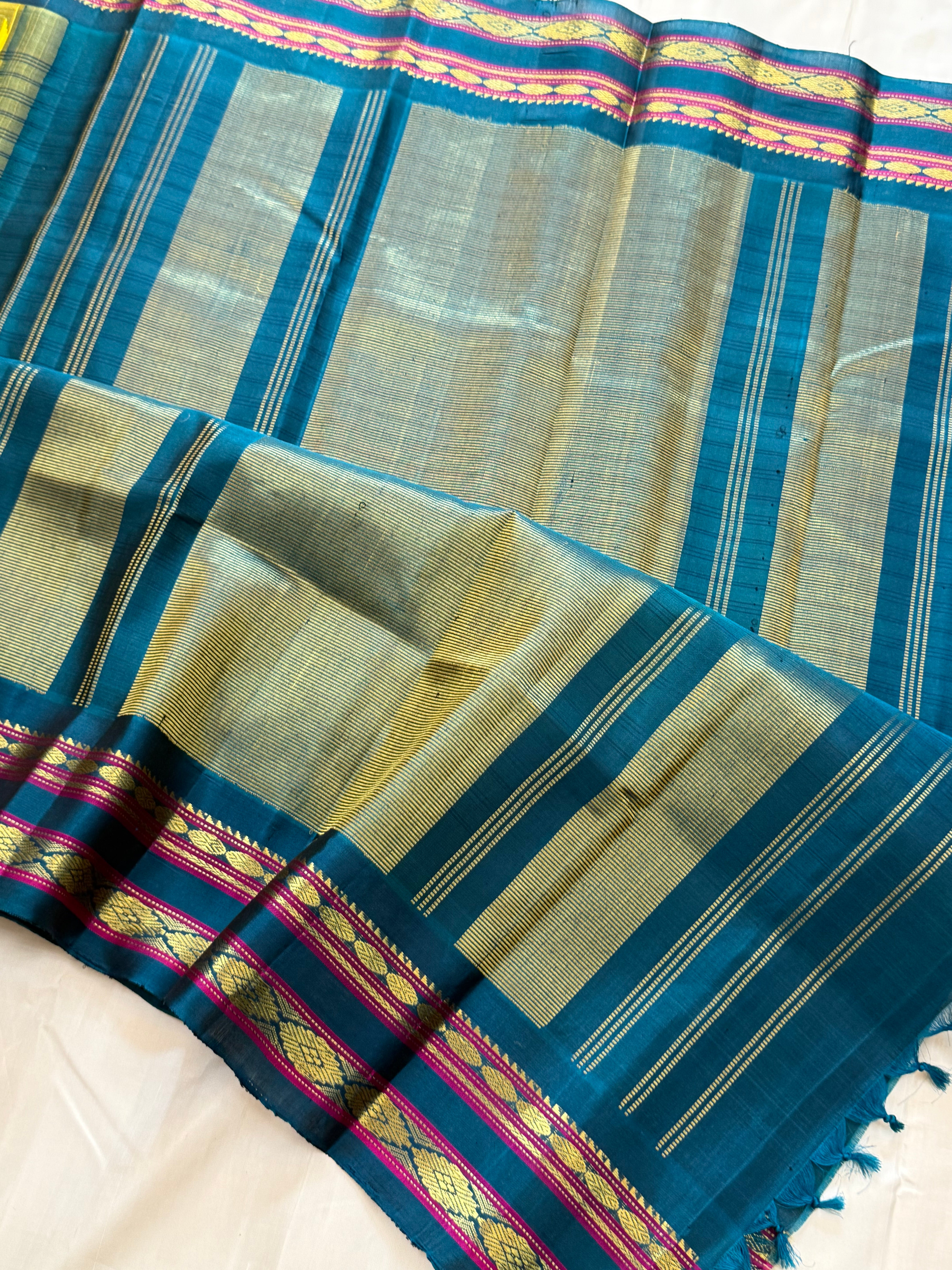 Lemon yellow body checks with teal blue border/ Gadwal silk CLSA11289