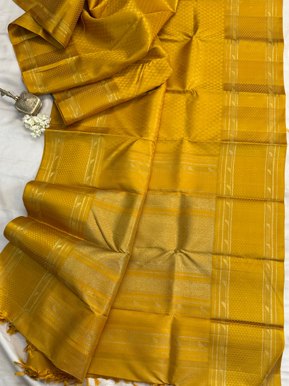 KILIYE : mustard yellow kili work /Kanjipuram silk saree