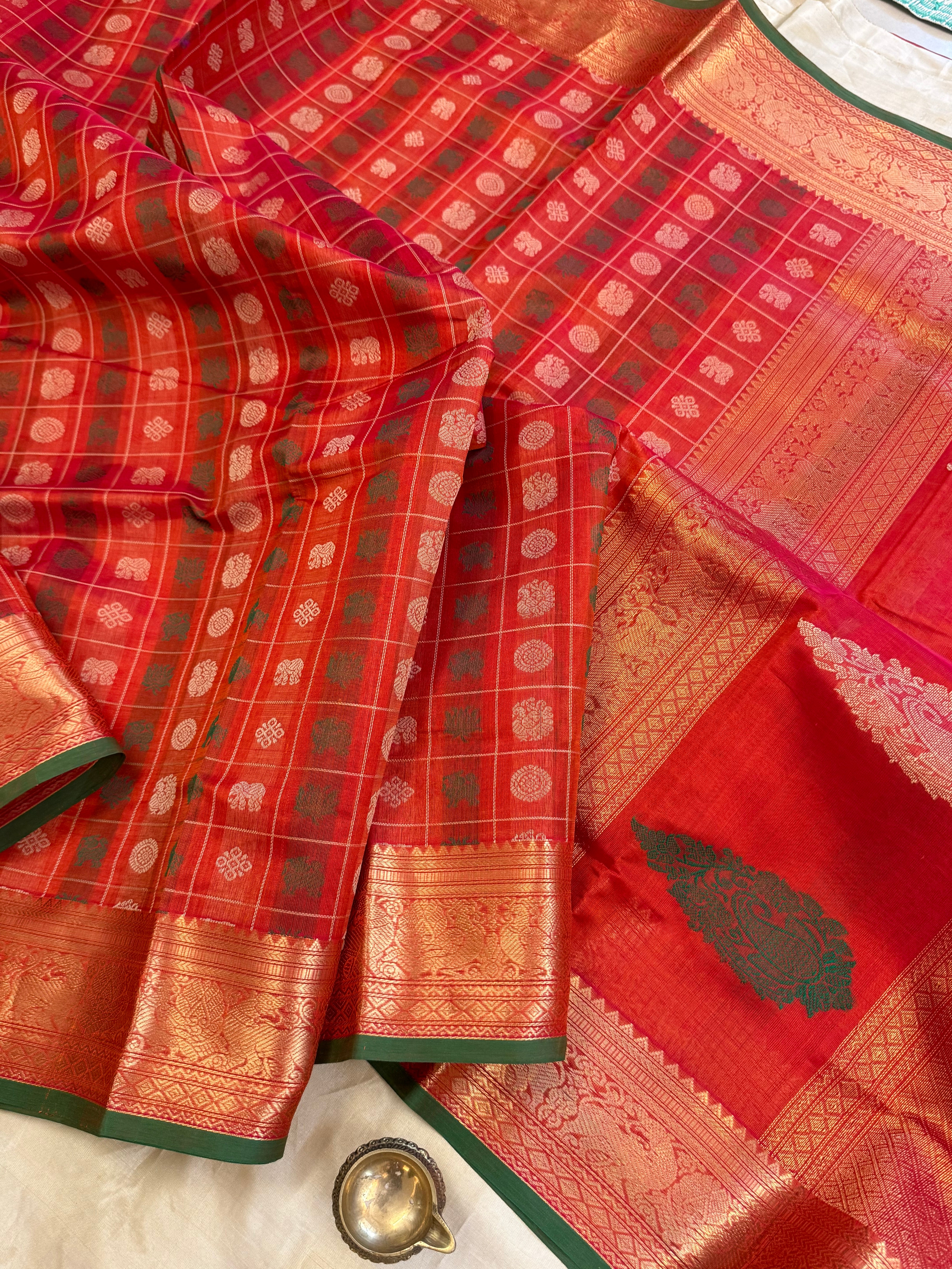 Reddish orange kattam butta / Silk Cotton