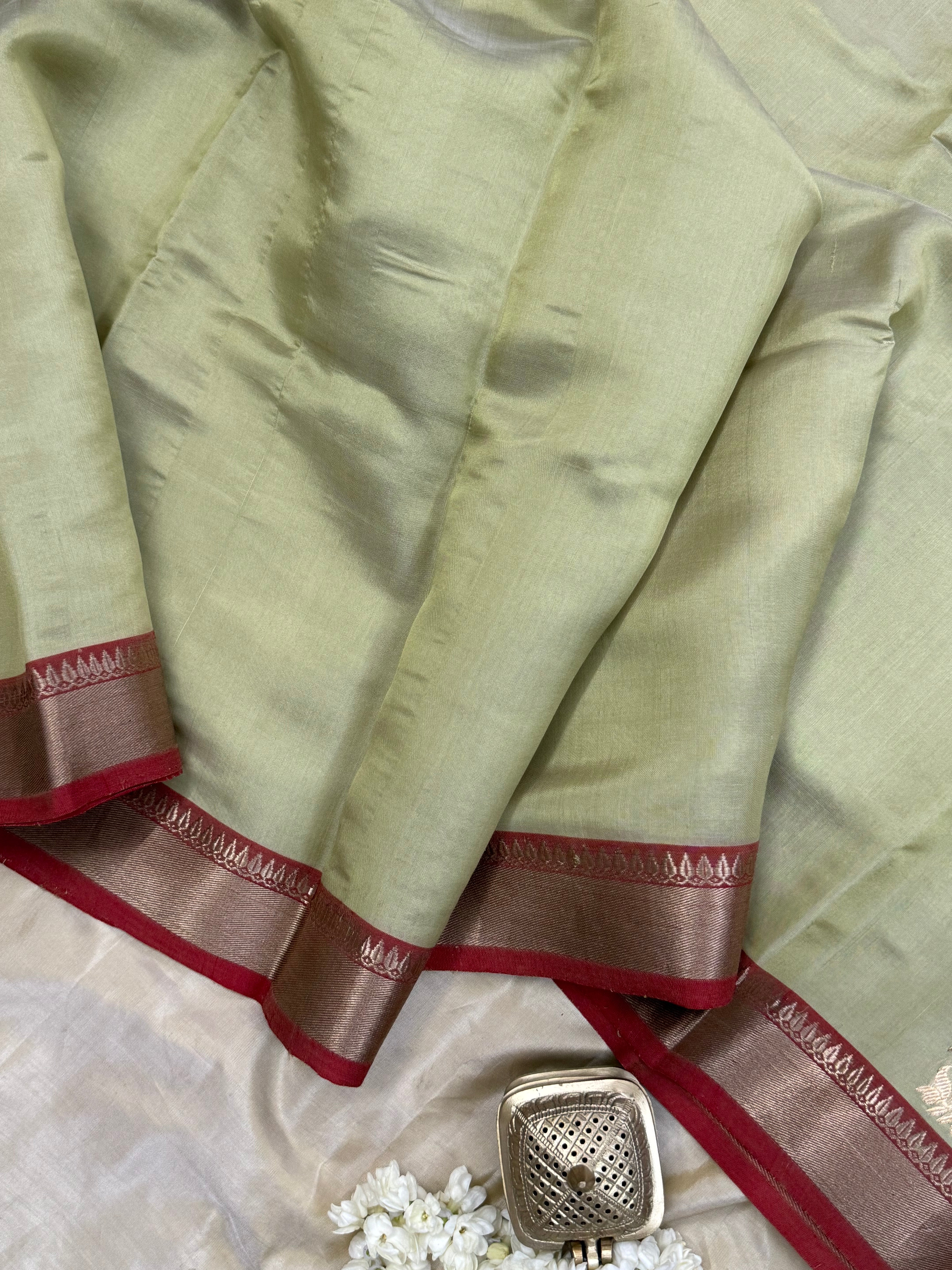 Lite pista green corner butta/ Chanderi Silk