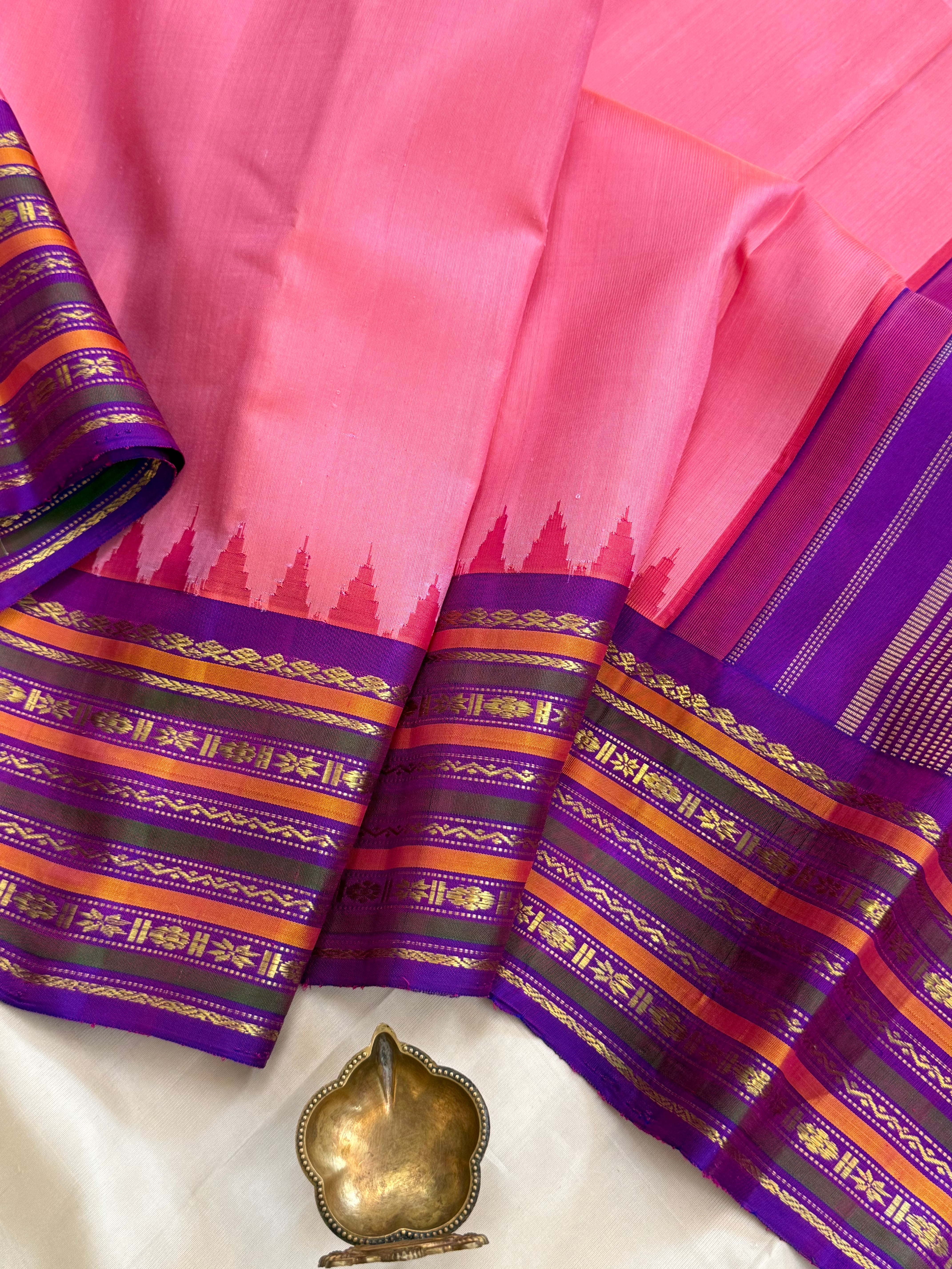 Peach pink with purple temple border/ Gadwal silk CLSA11295