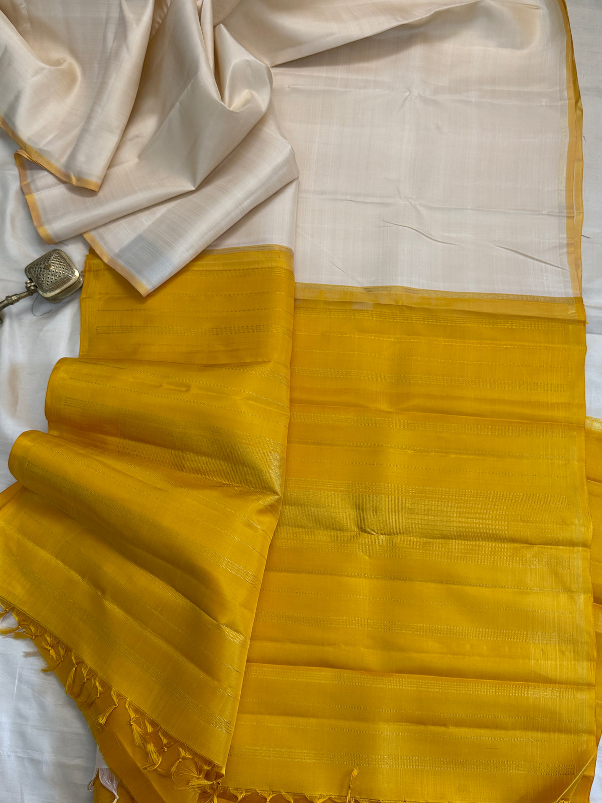 Off white and mustard pure Zari/kanjipuram silk saree clsa 12309