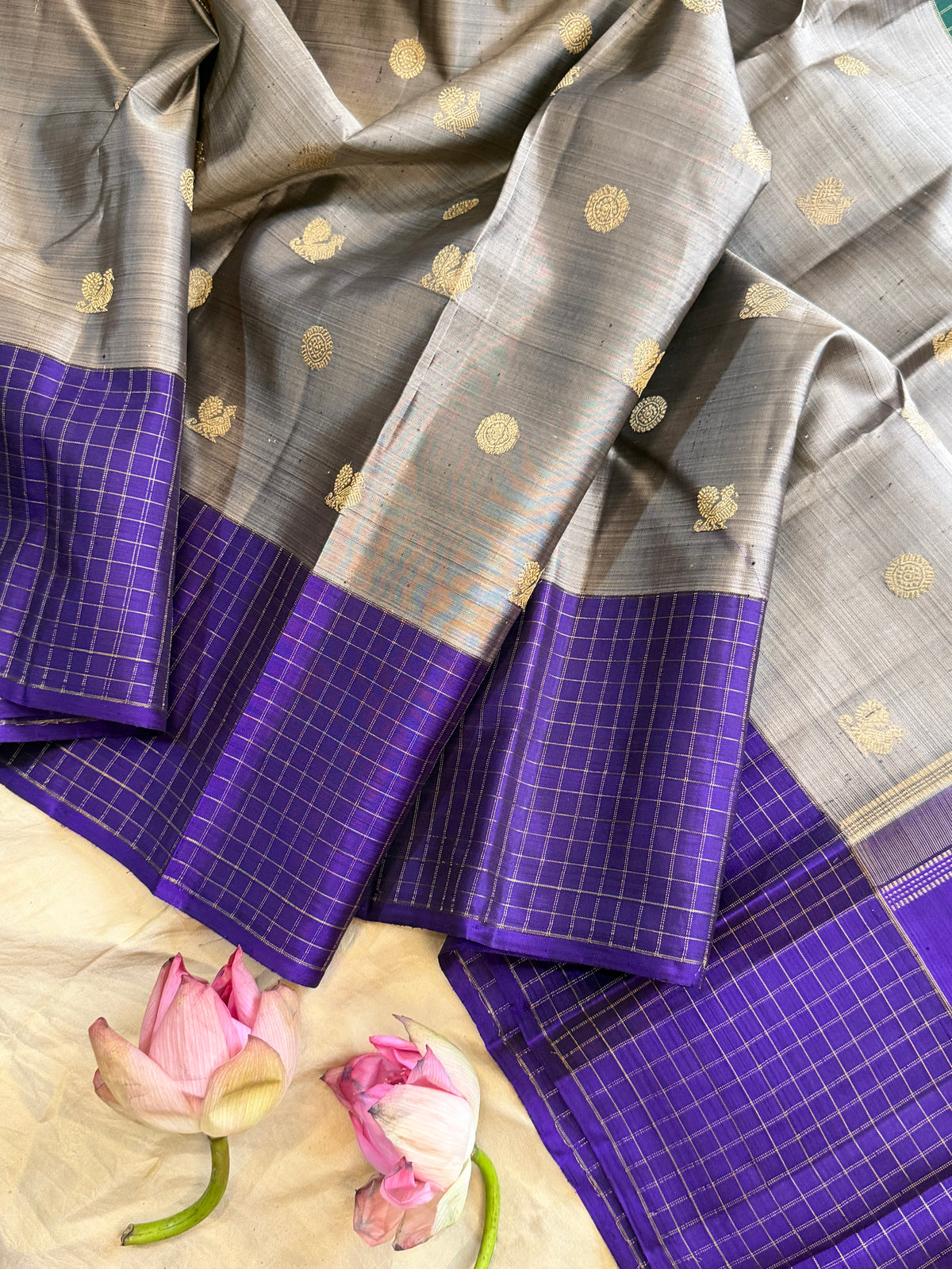 Grey Ganga Jamuna Kattam simple pure Zari Kanjipuram clsa12697