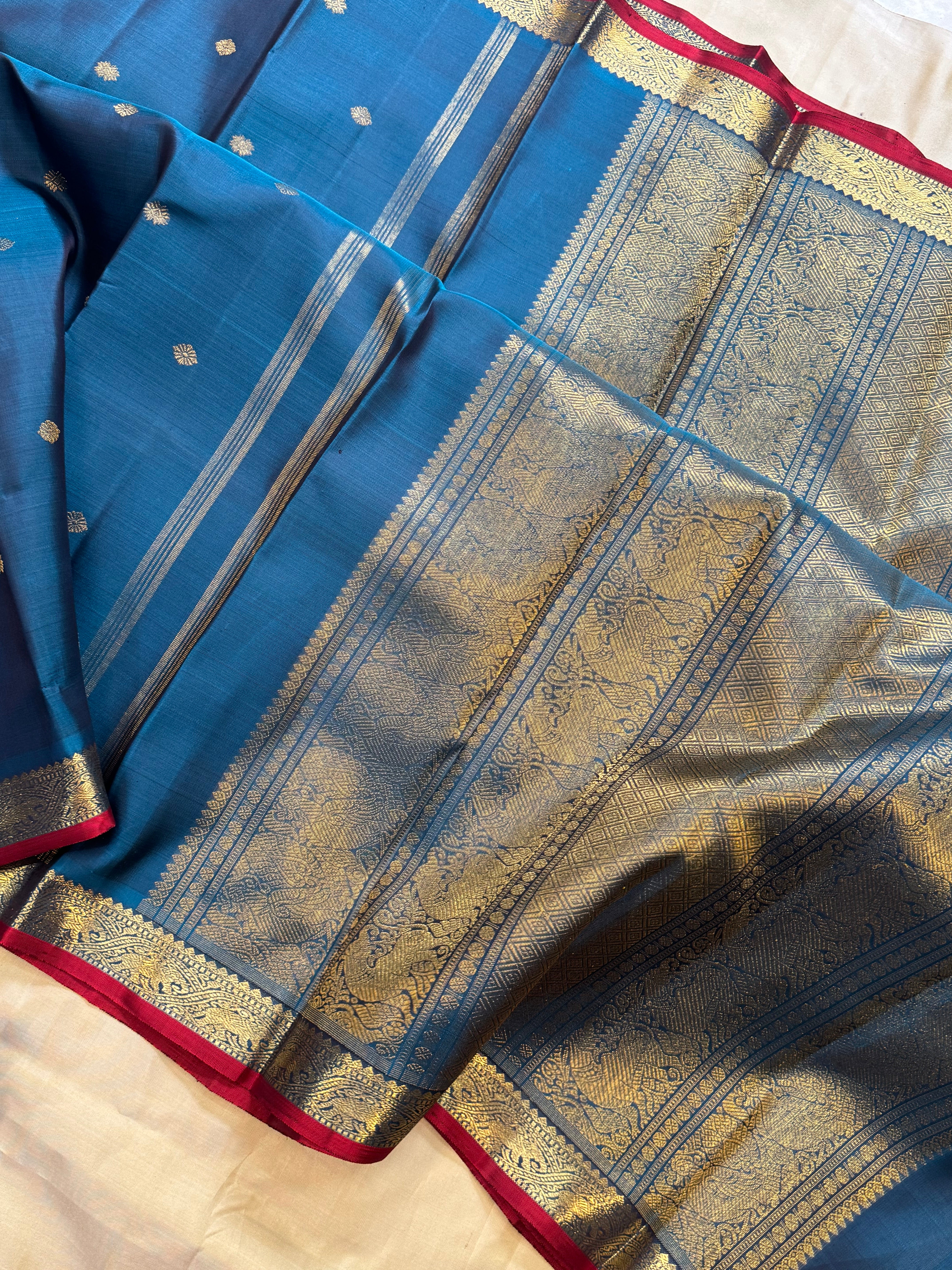 Teal blue small border classic kanjipuram silk