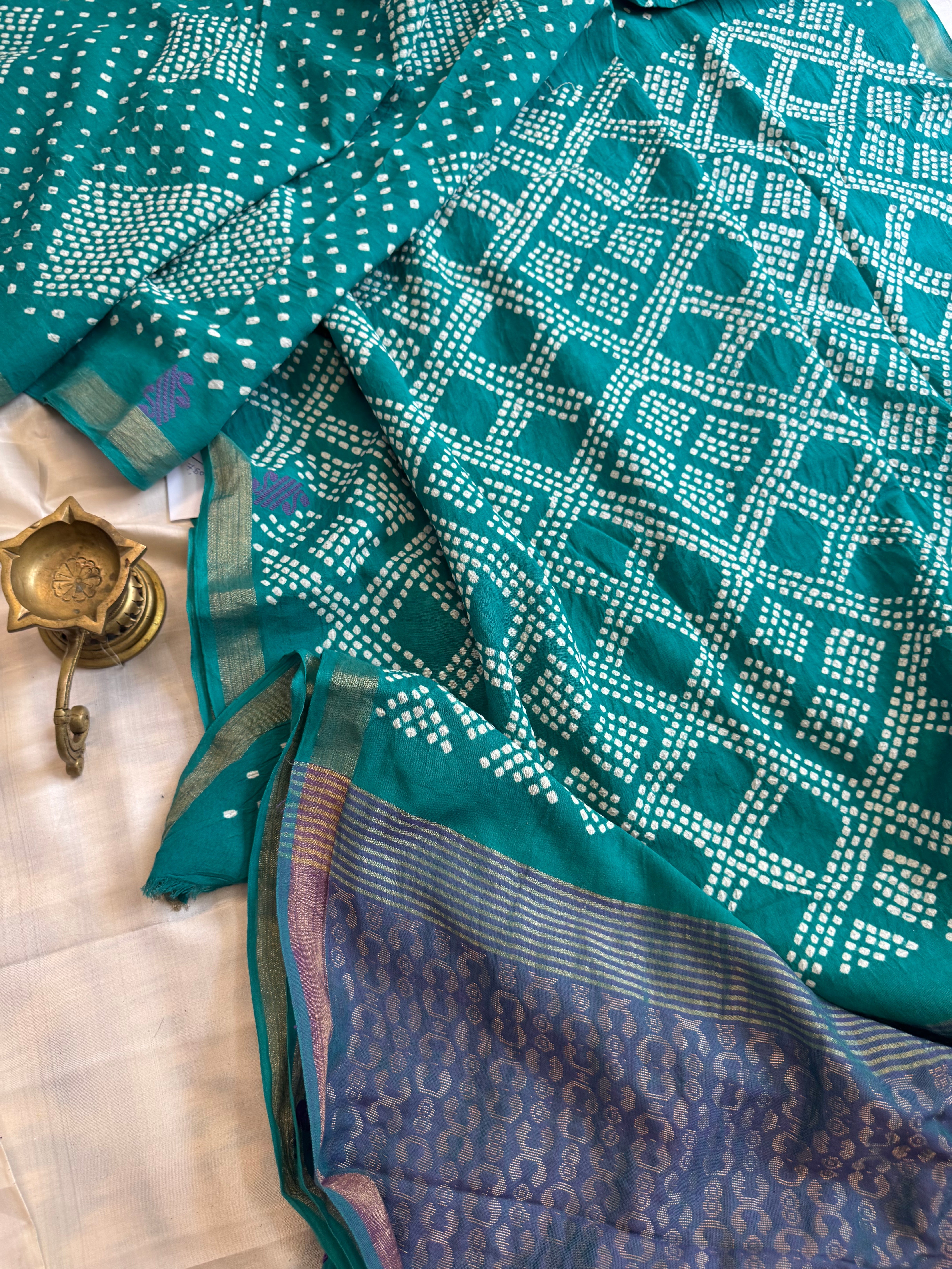 Sea green cotton Bandhini saree