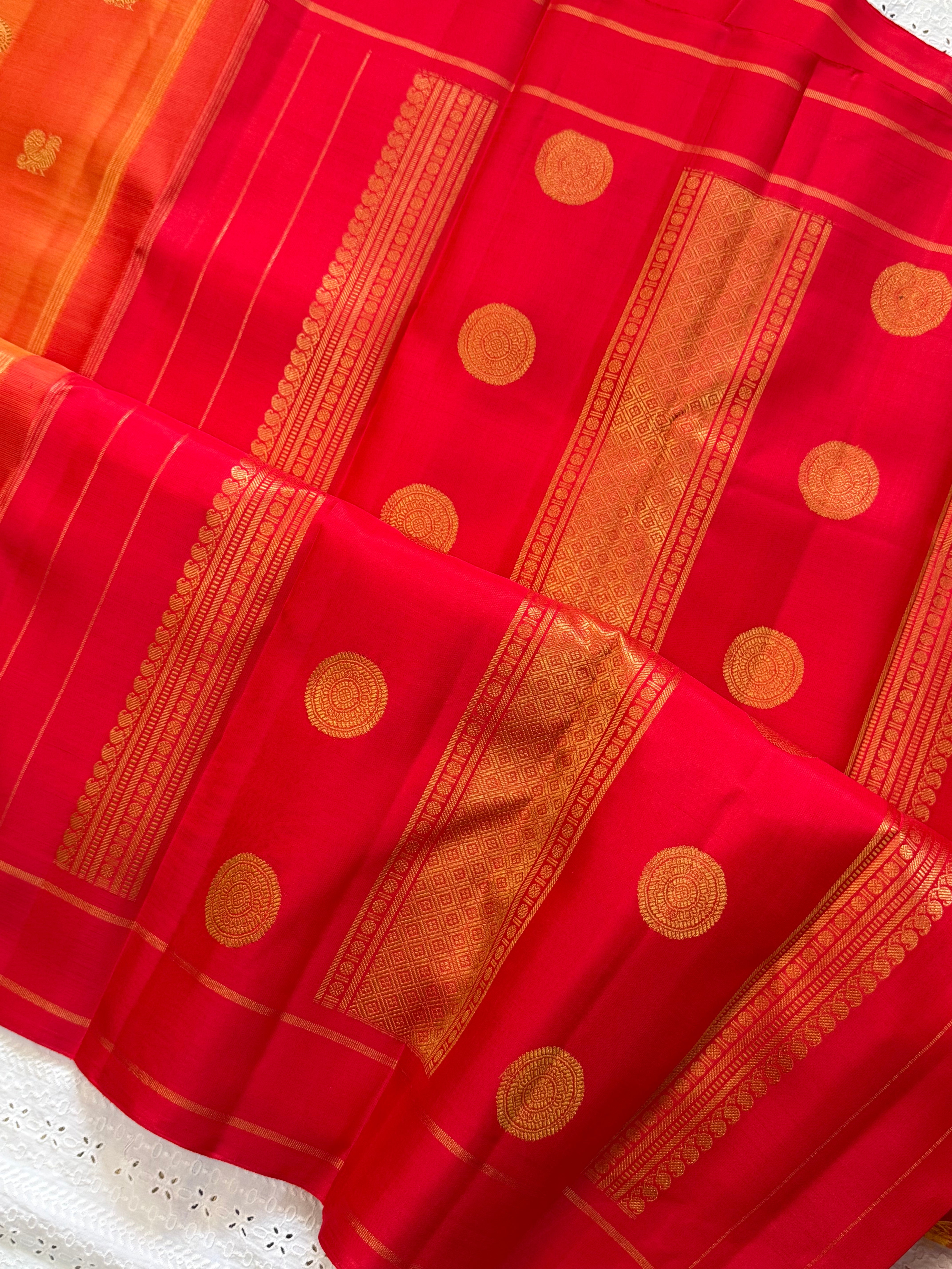 Simha and red annam and chakram butta/ Kanjipuram silk