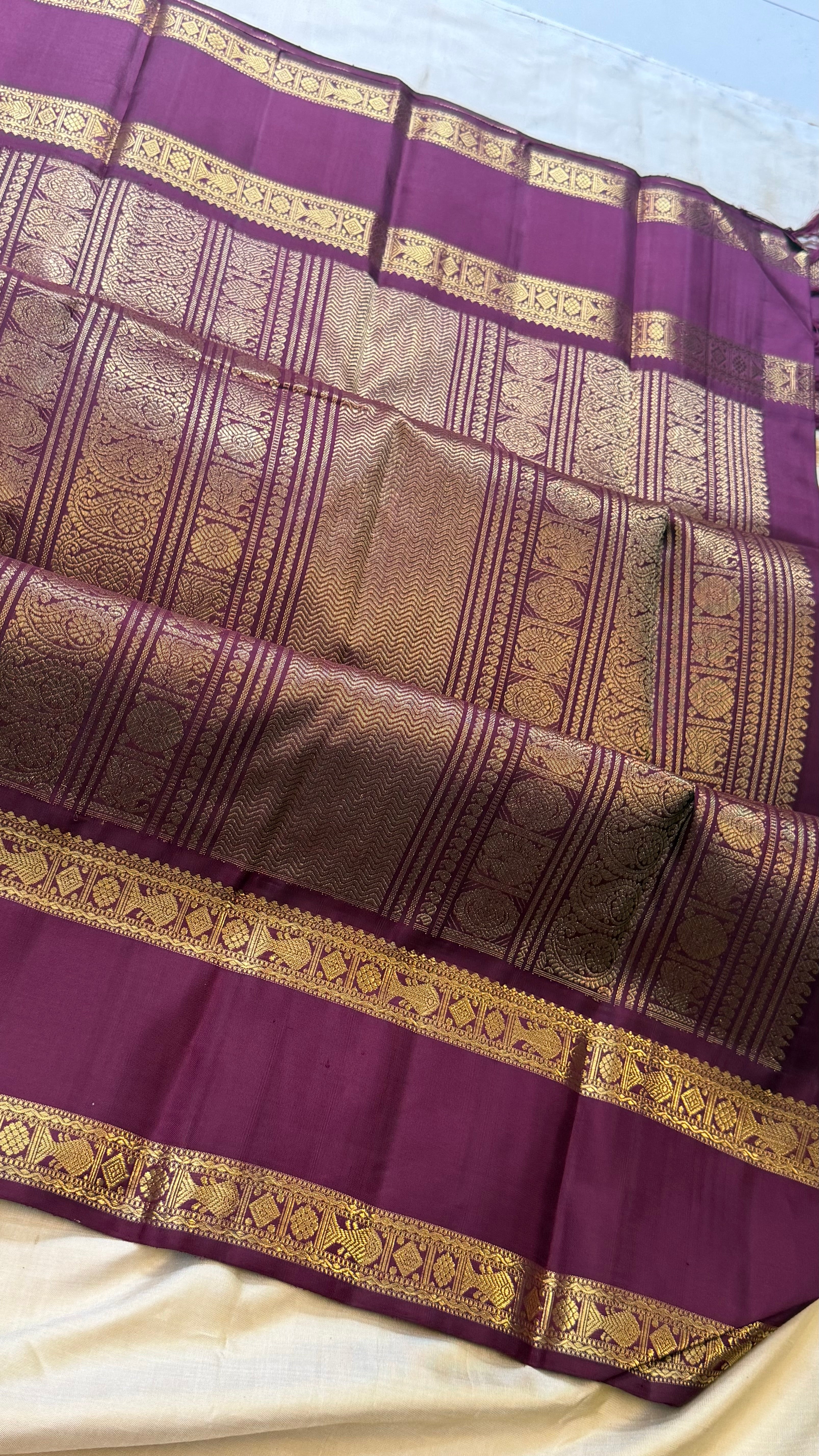 Off sandal and brown rettapet border kai korvai/ kanjipuram silk