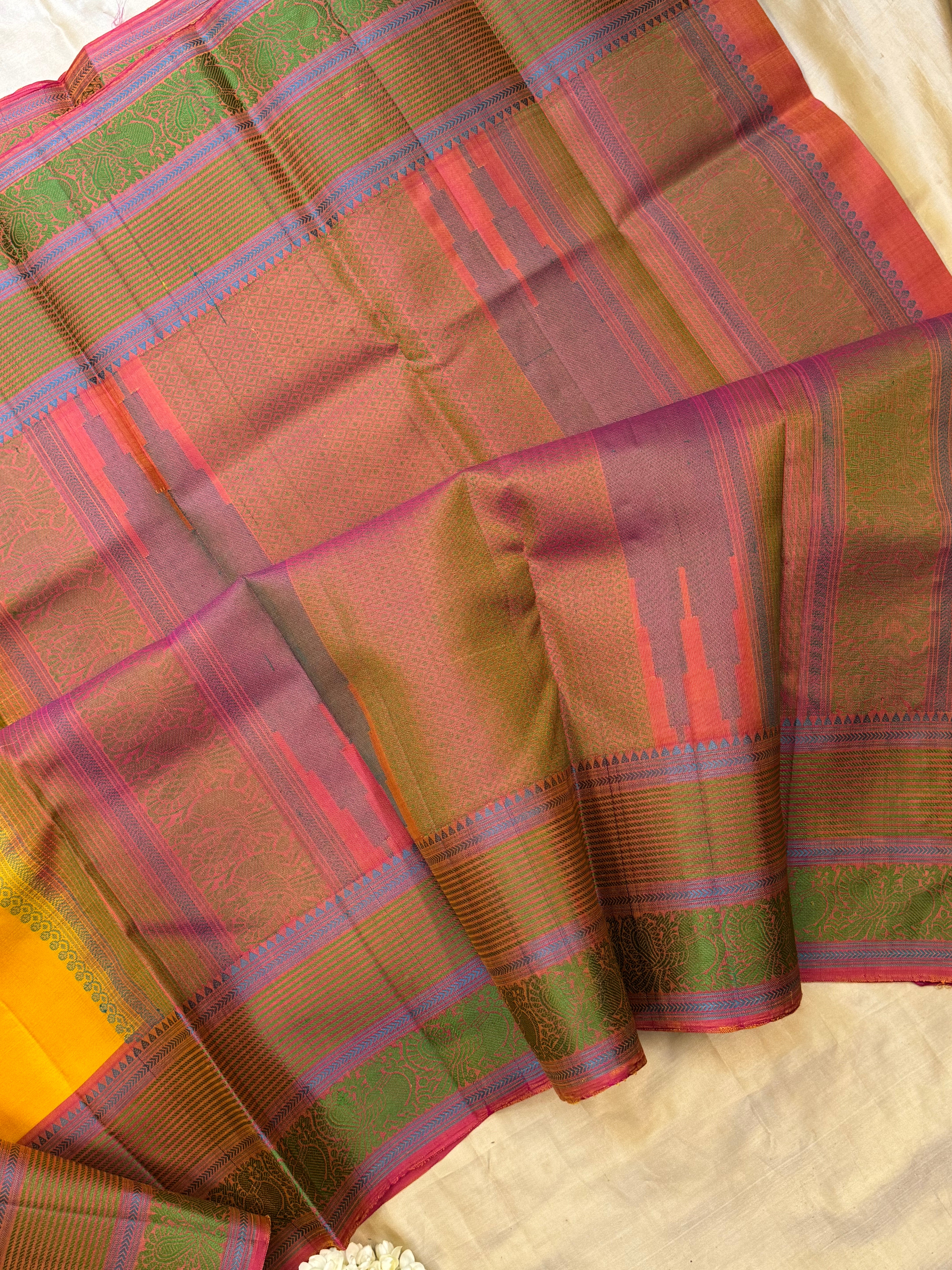 Yellow and pink double pet border / Varnangal soft silk