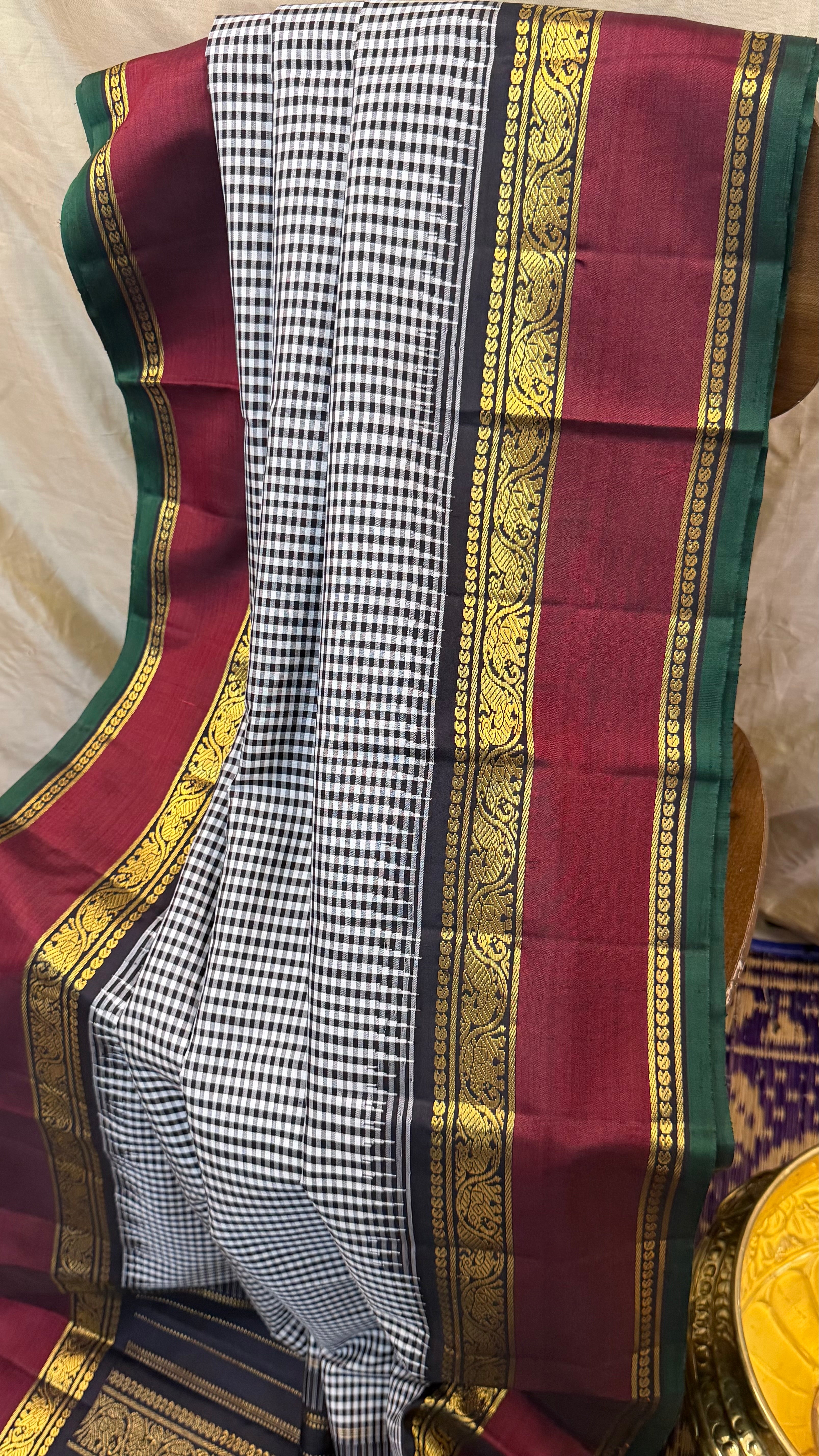 Vintage Kattam Korvai white black checks / Kanjipuram silk