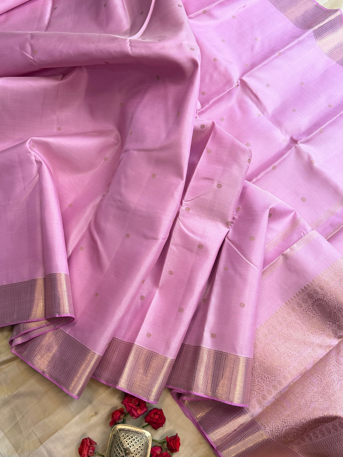 Light pastel pink Vairaoosi / pure Zari Kanjipuram silk