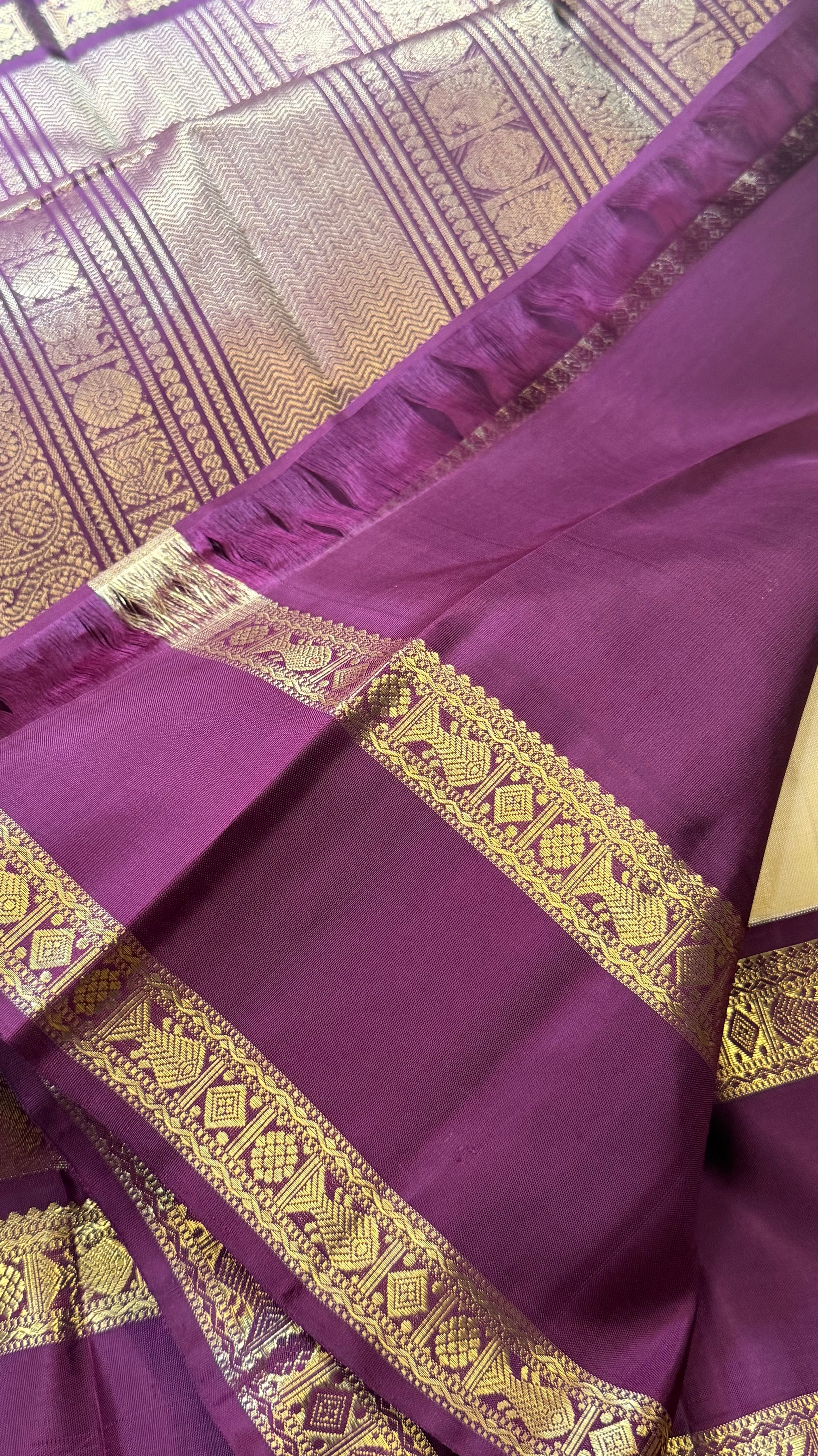 Off sandal and brown rettapet border kai korvai/ kanjipuram silk
