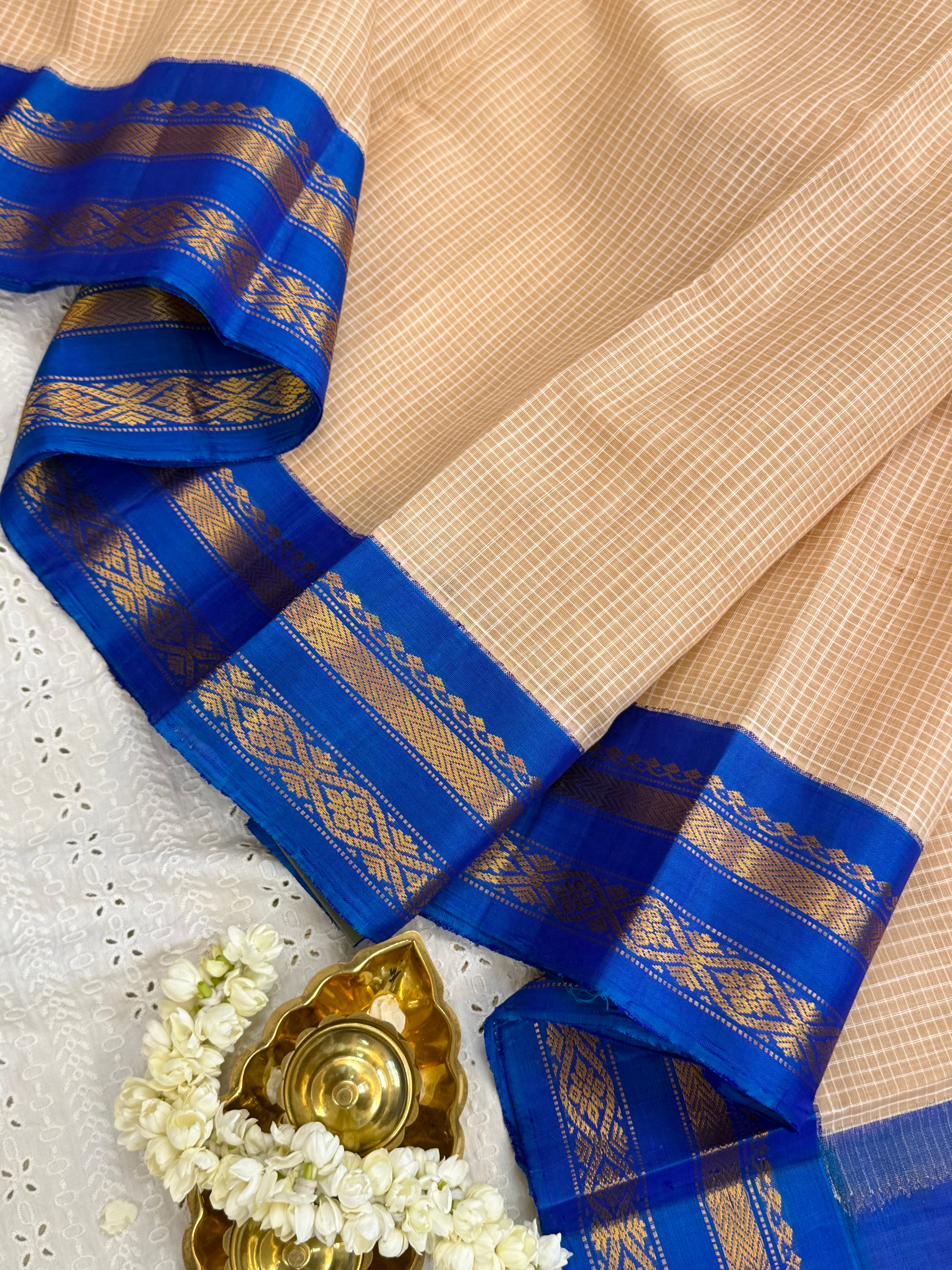 Beige and blue / Gadwal cotton - No Blouse CLSA9308