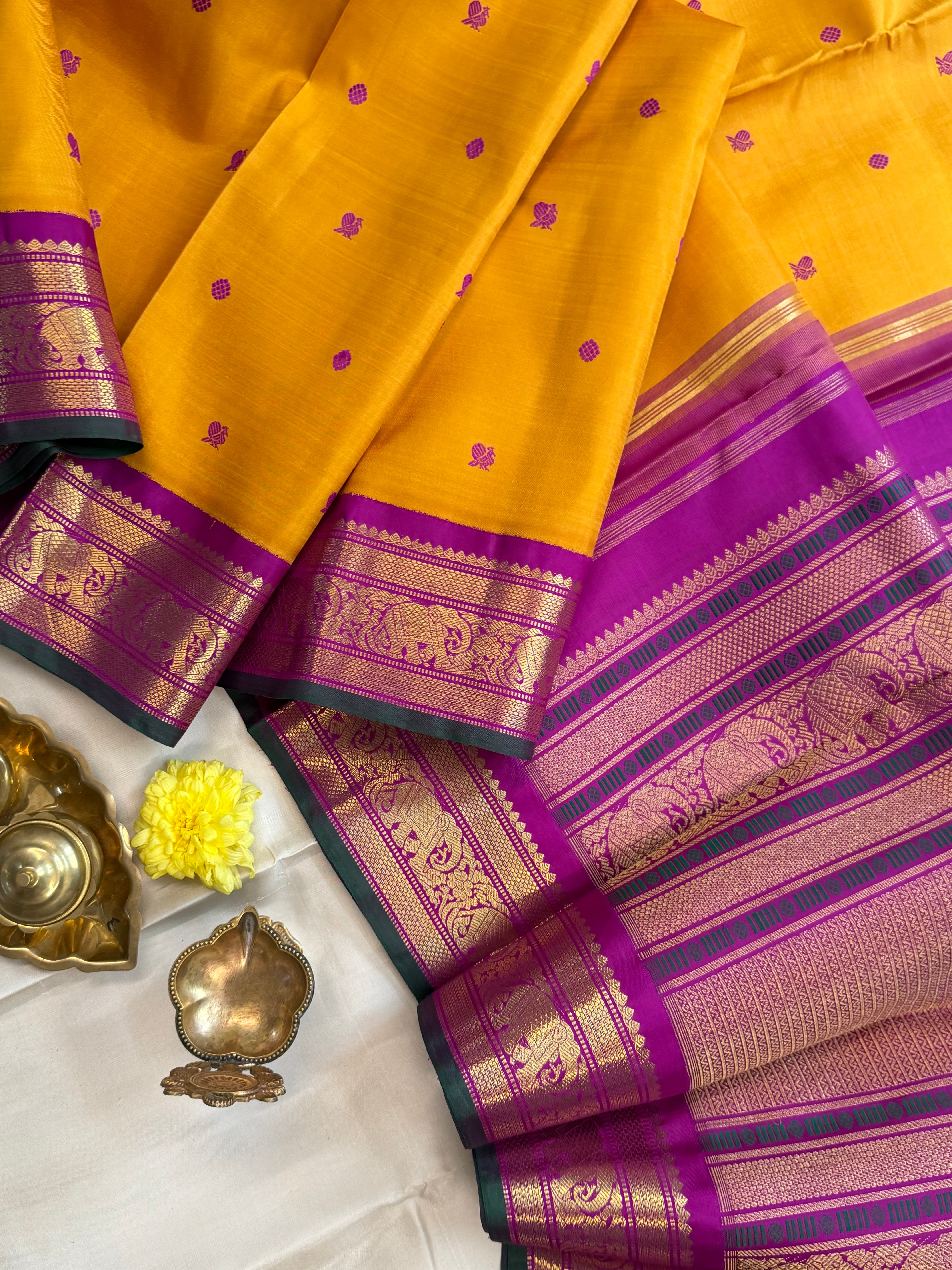 Korvai Varamahalakshmi edit : mustard yellow colour varisapet Korvai Kanjipuram silk saree