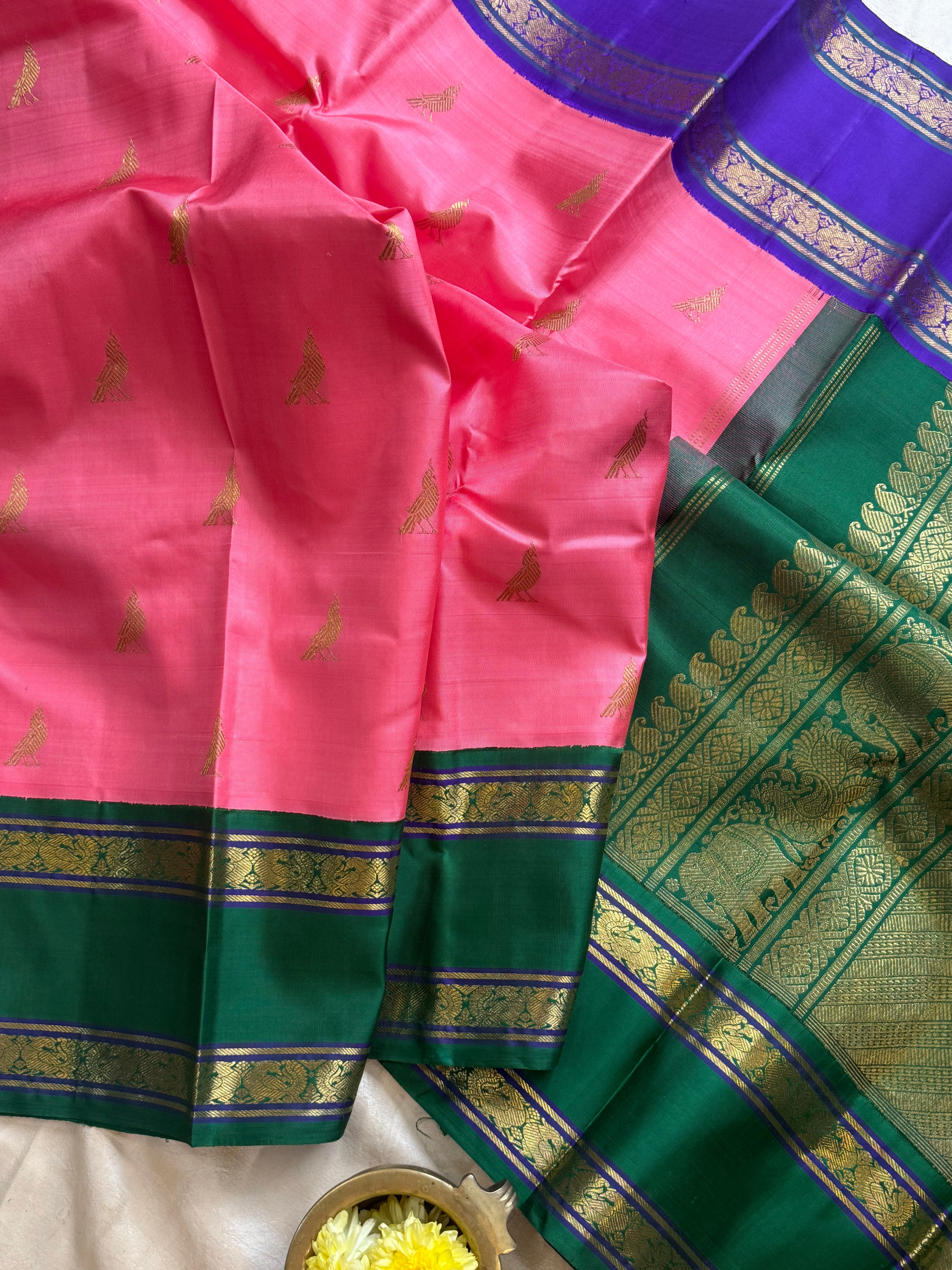 Peachish pink Ganga Jamuna Kai Korvai / kanjipuram silk