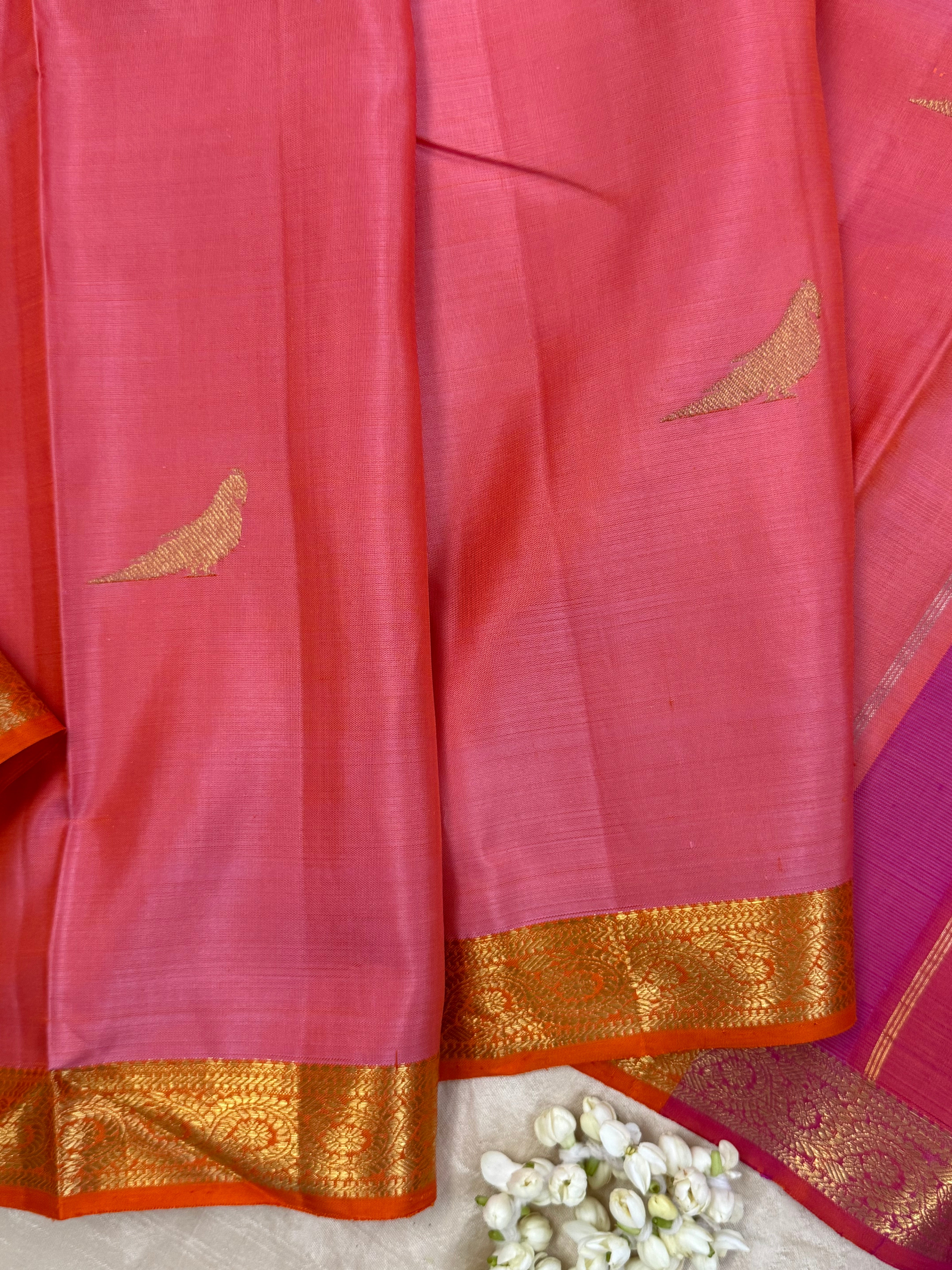 Peachish pink killi butta small border/ Kanjipuram silk
