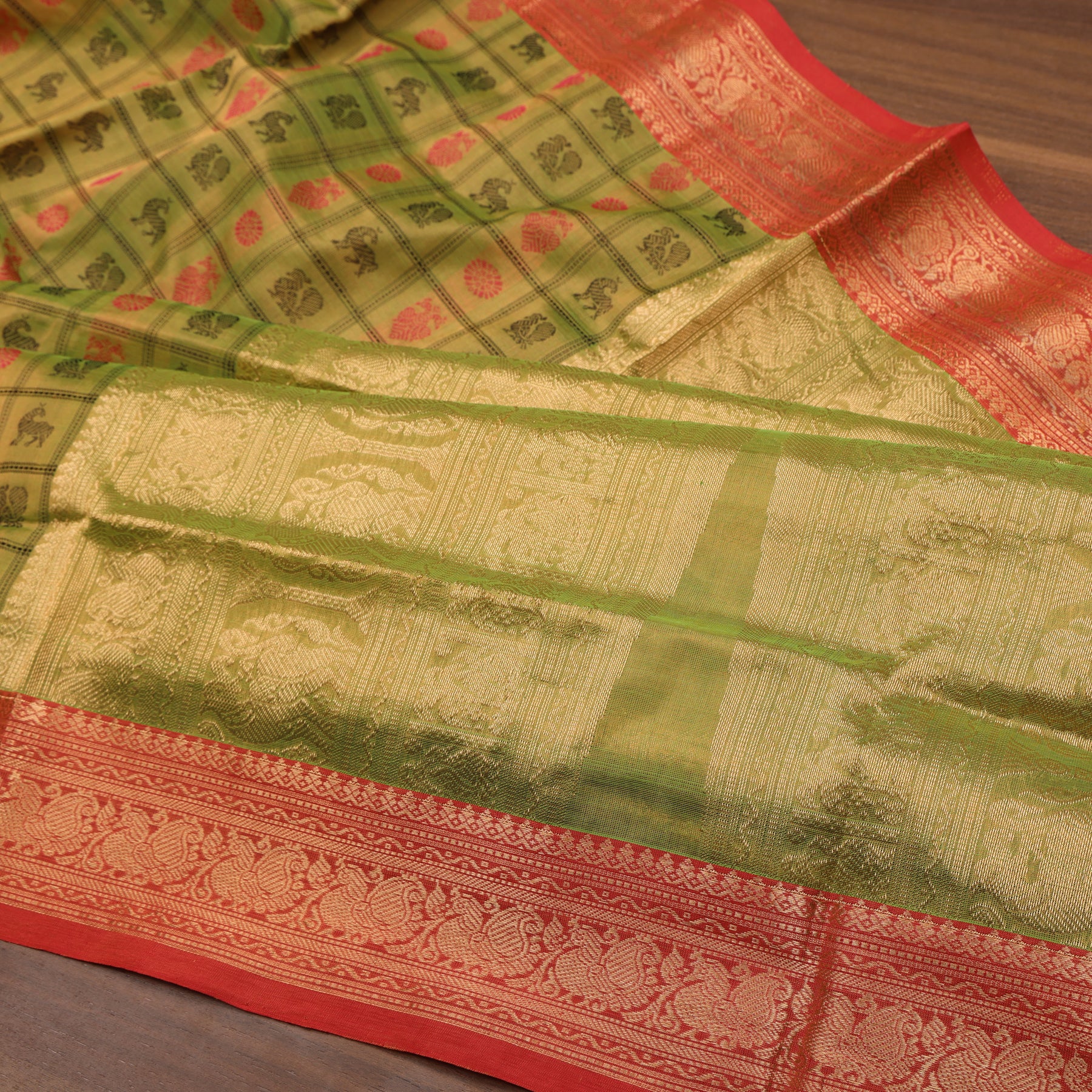 Parrot green with pink kattam - silk cotton