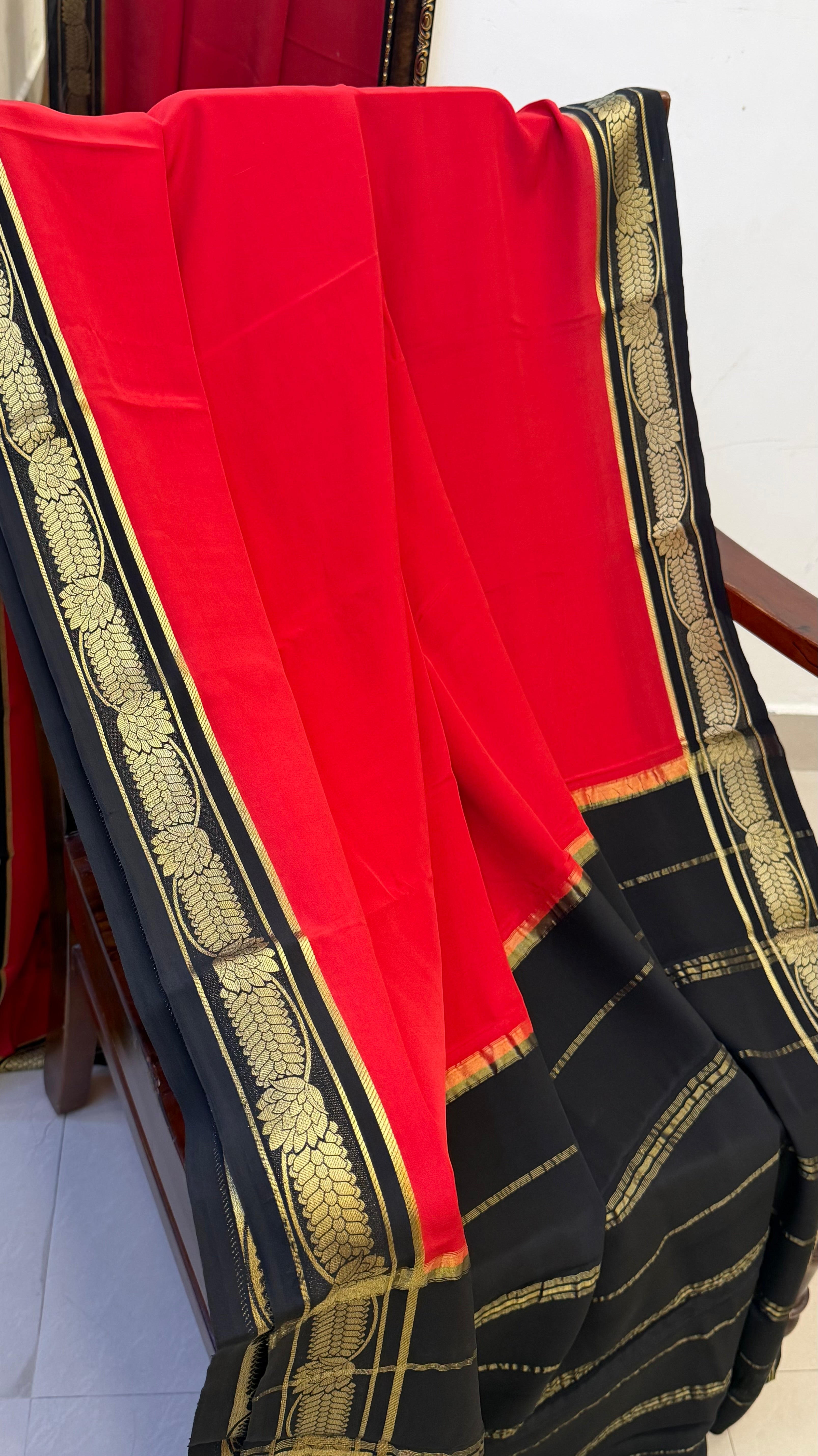Floral border red black Pure crepe silk saree