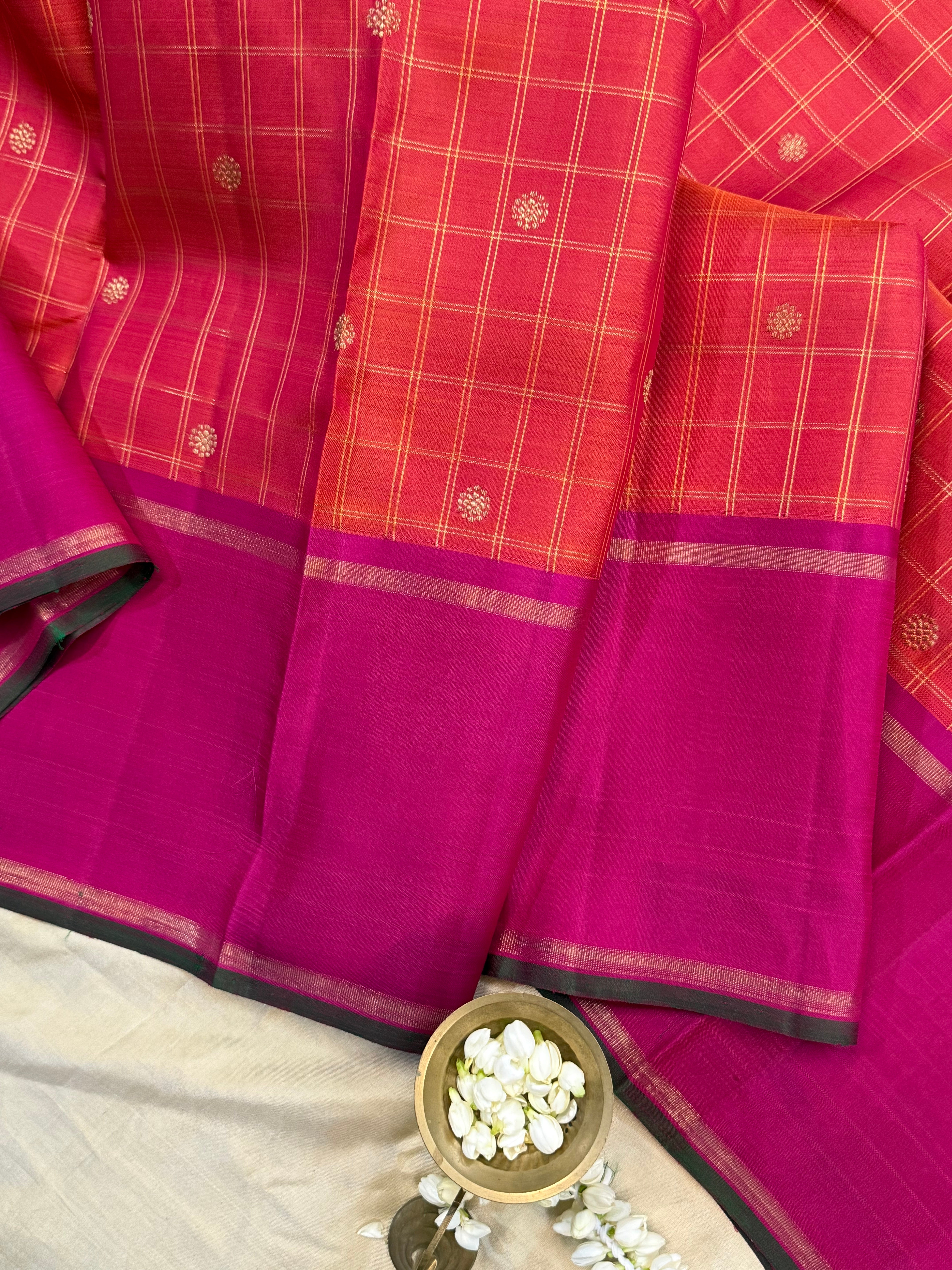 Orange kattam butta and pink / Kanjipuram silk