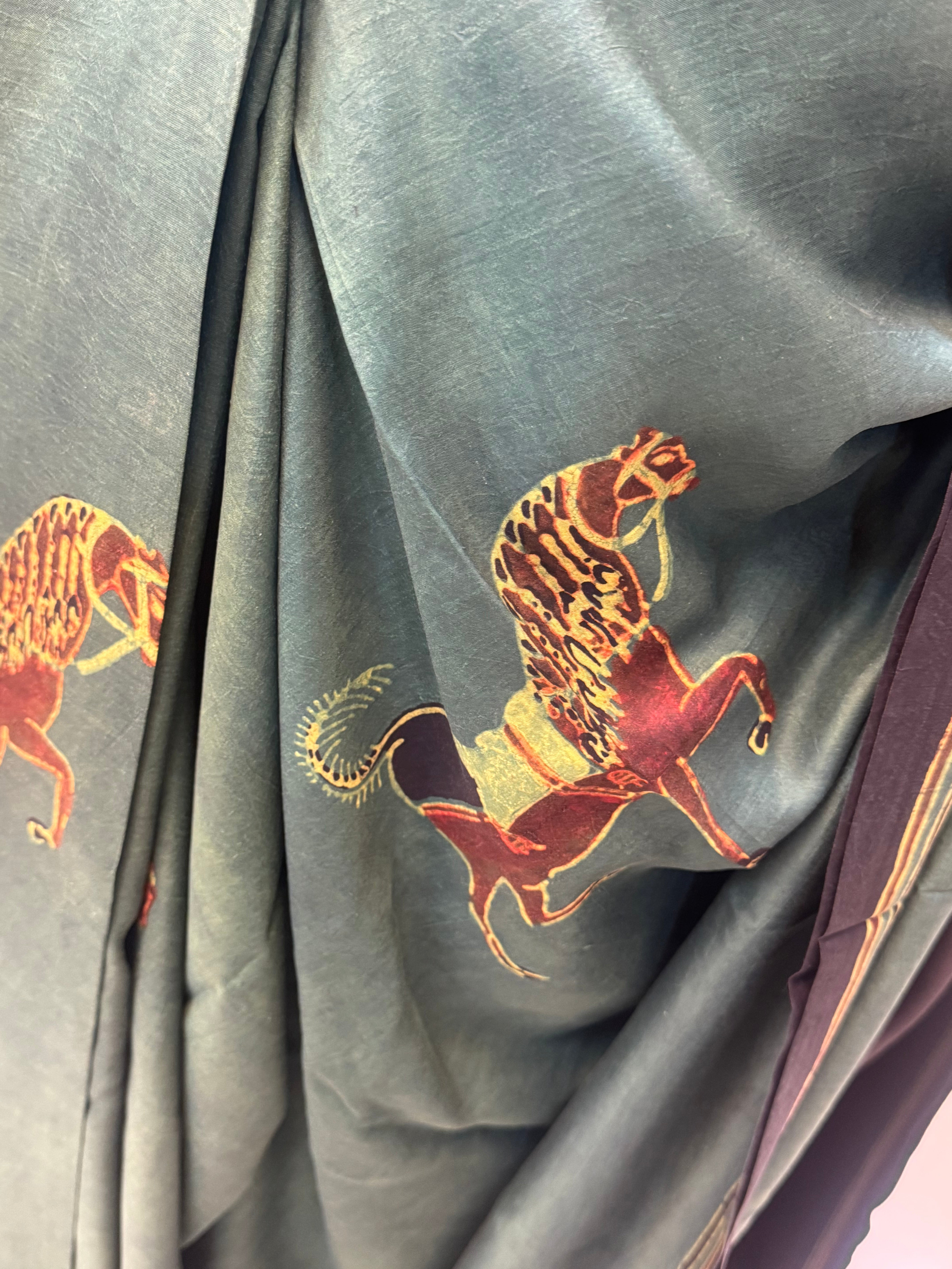 Horse printed Pracheen Ajrakh in pure silk