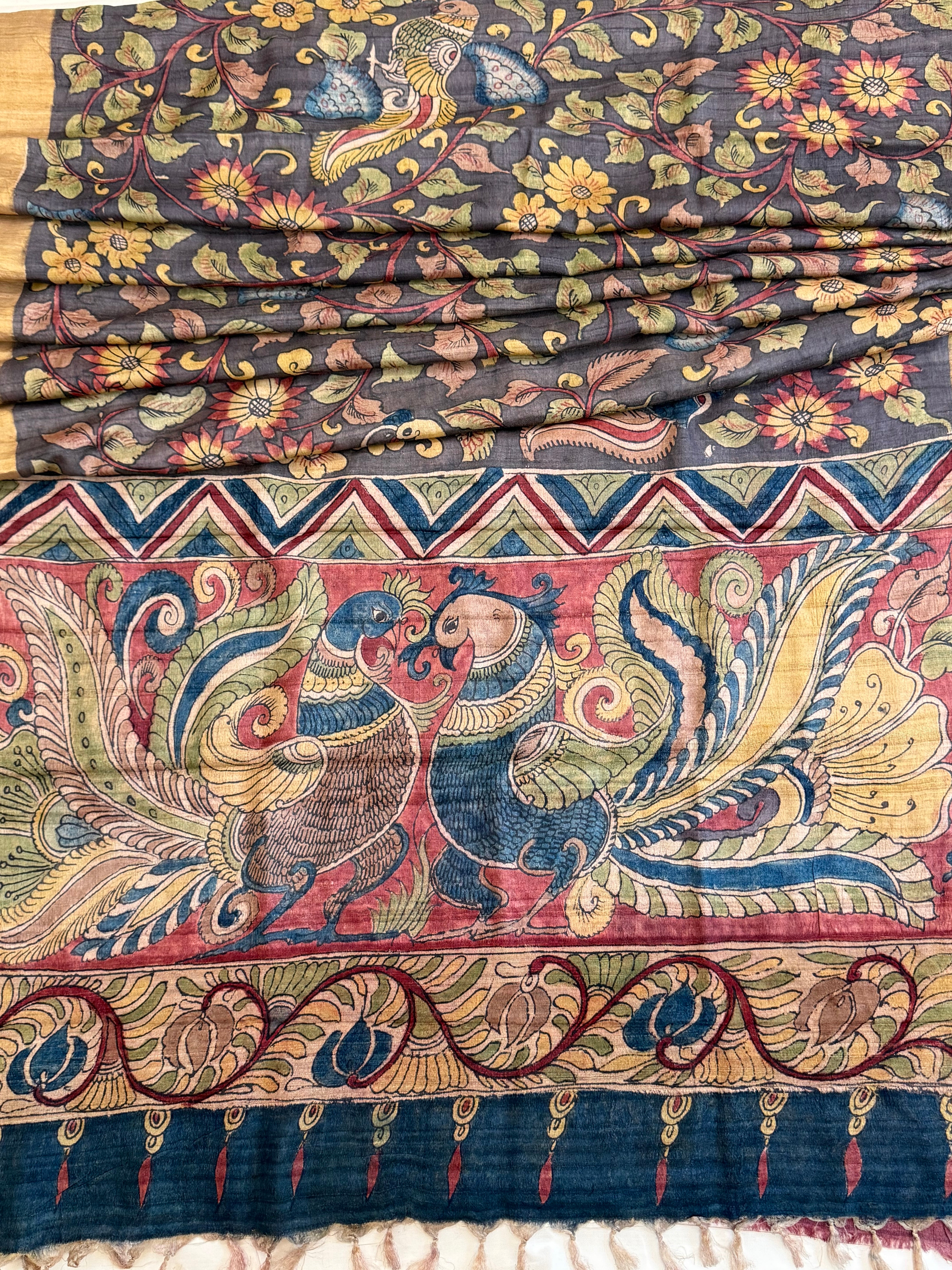 Hand drawn natural dyed pen kalamkari sarees / clsa 11127