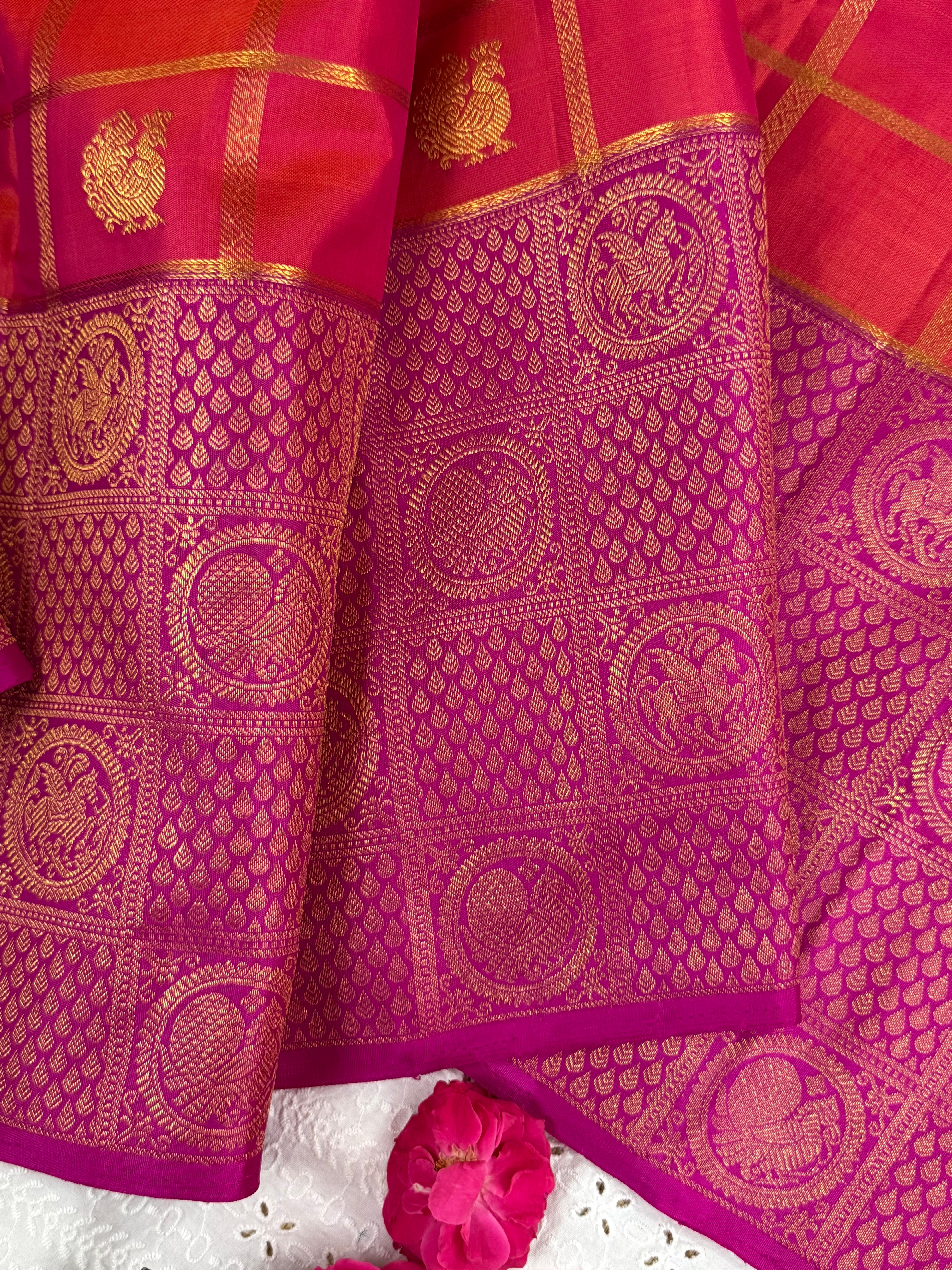Orange kattam and pink brocade style border / Arani silk