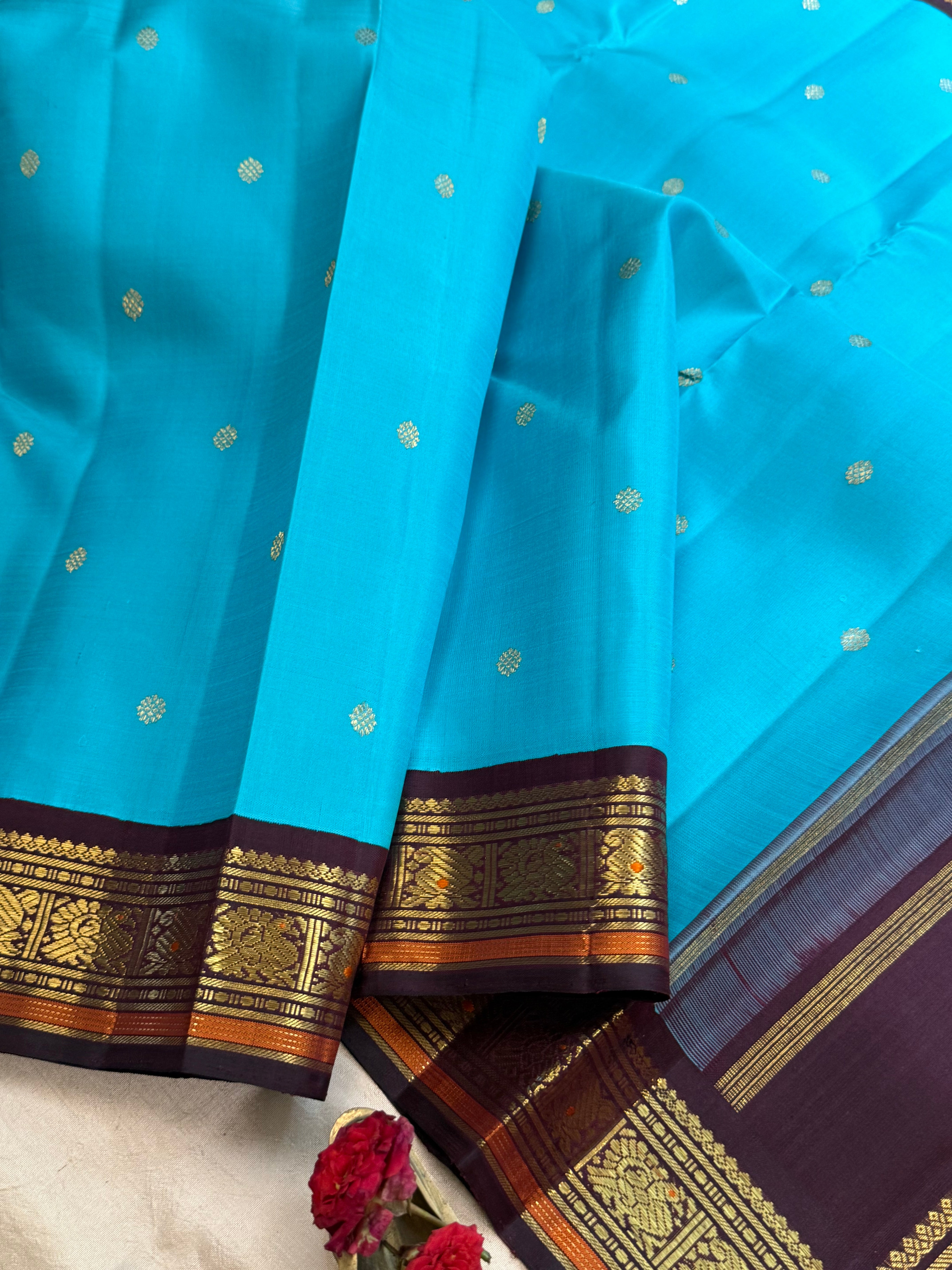 Aqua blue and brown kai korvai/ Kanjipuram silk