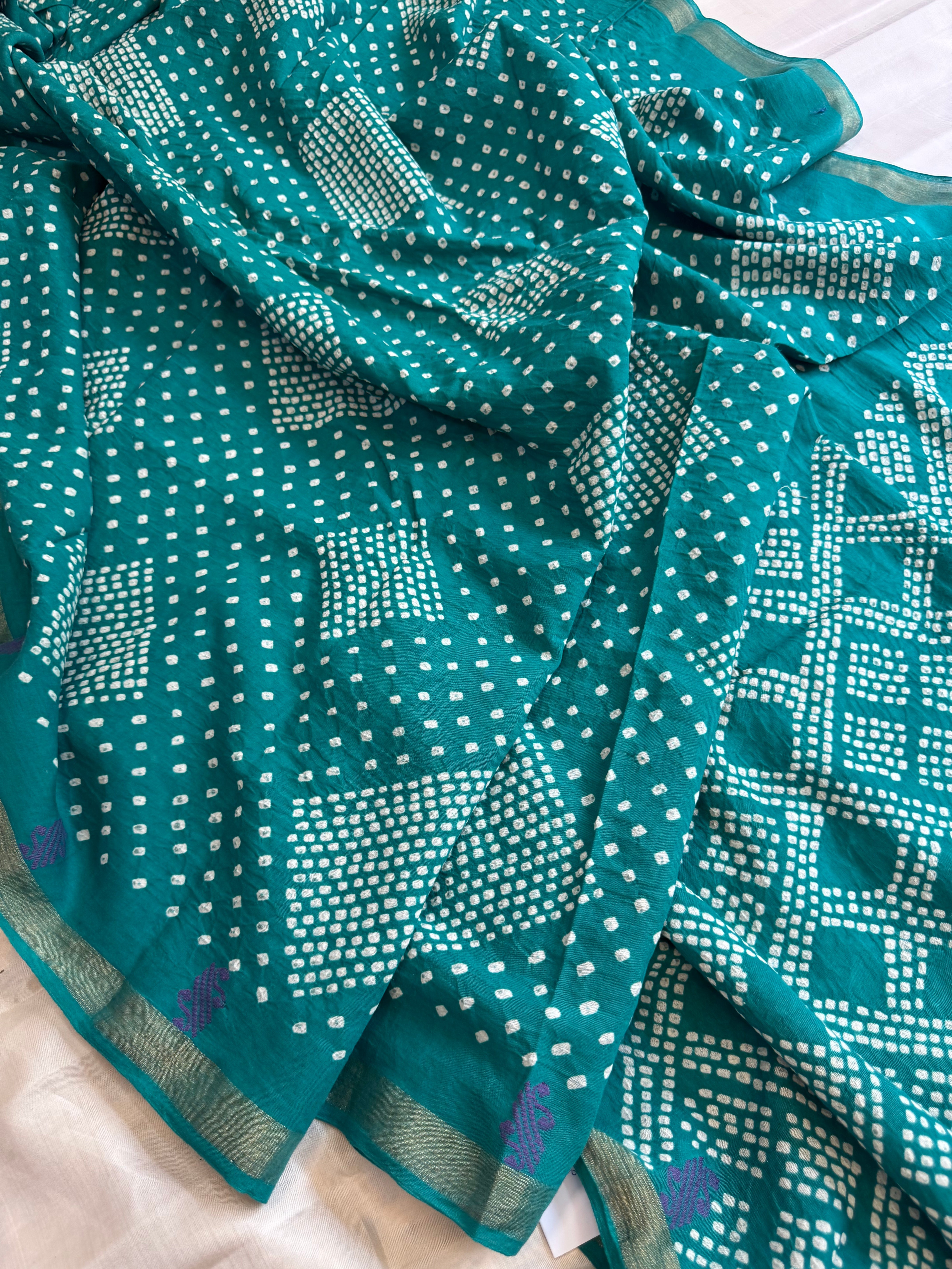 Sea green cotton Bandhini saree