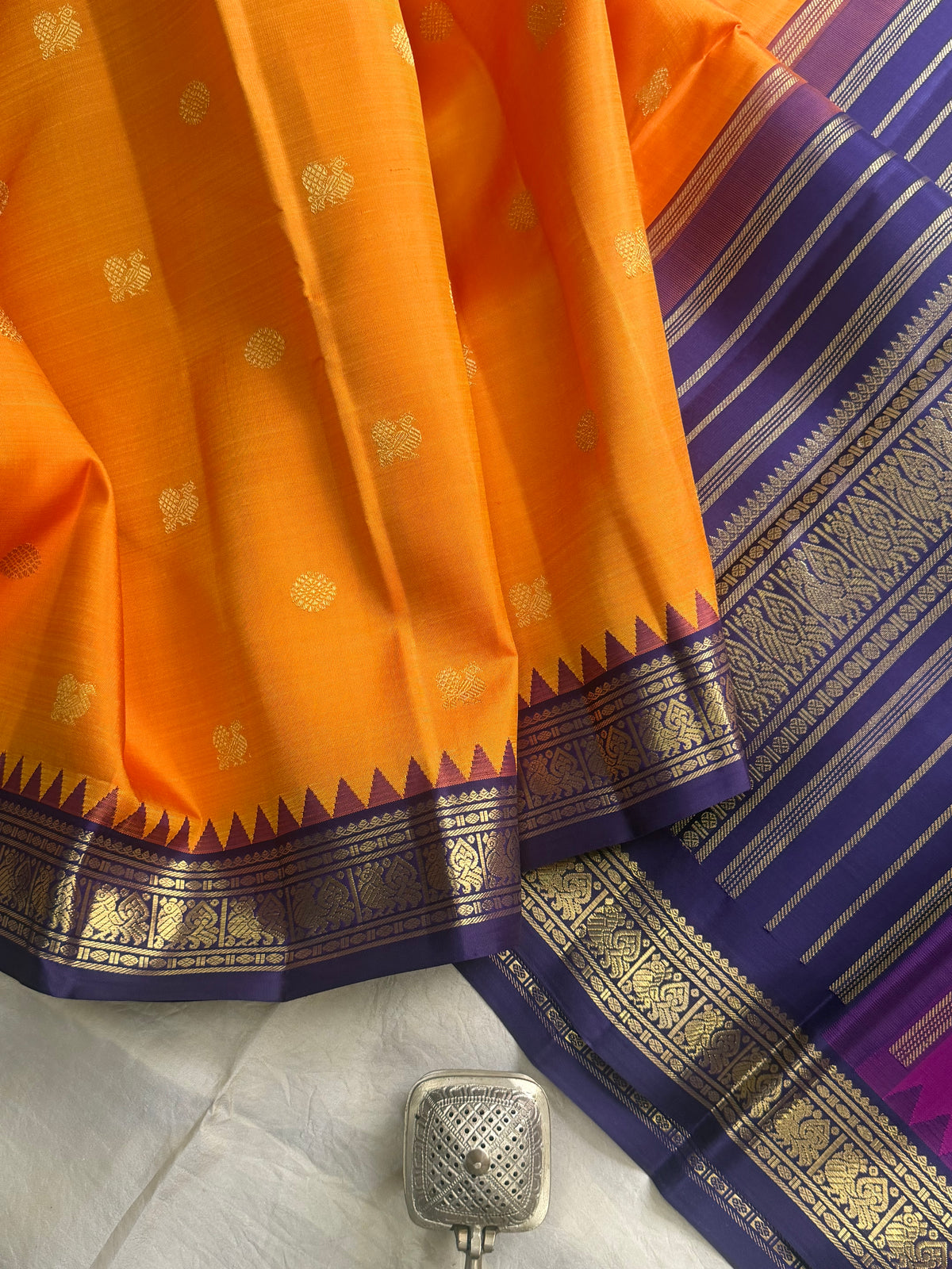 Mango yellow concept triple palla Korvai Kanjipuram silk