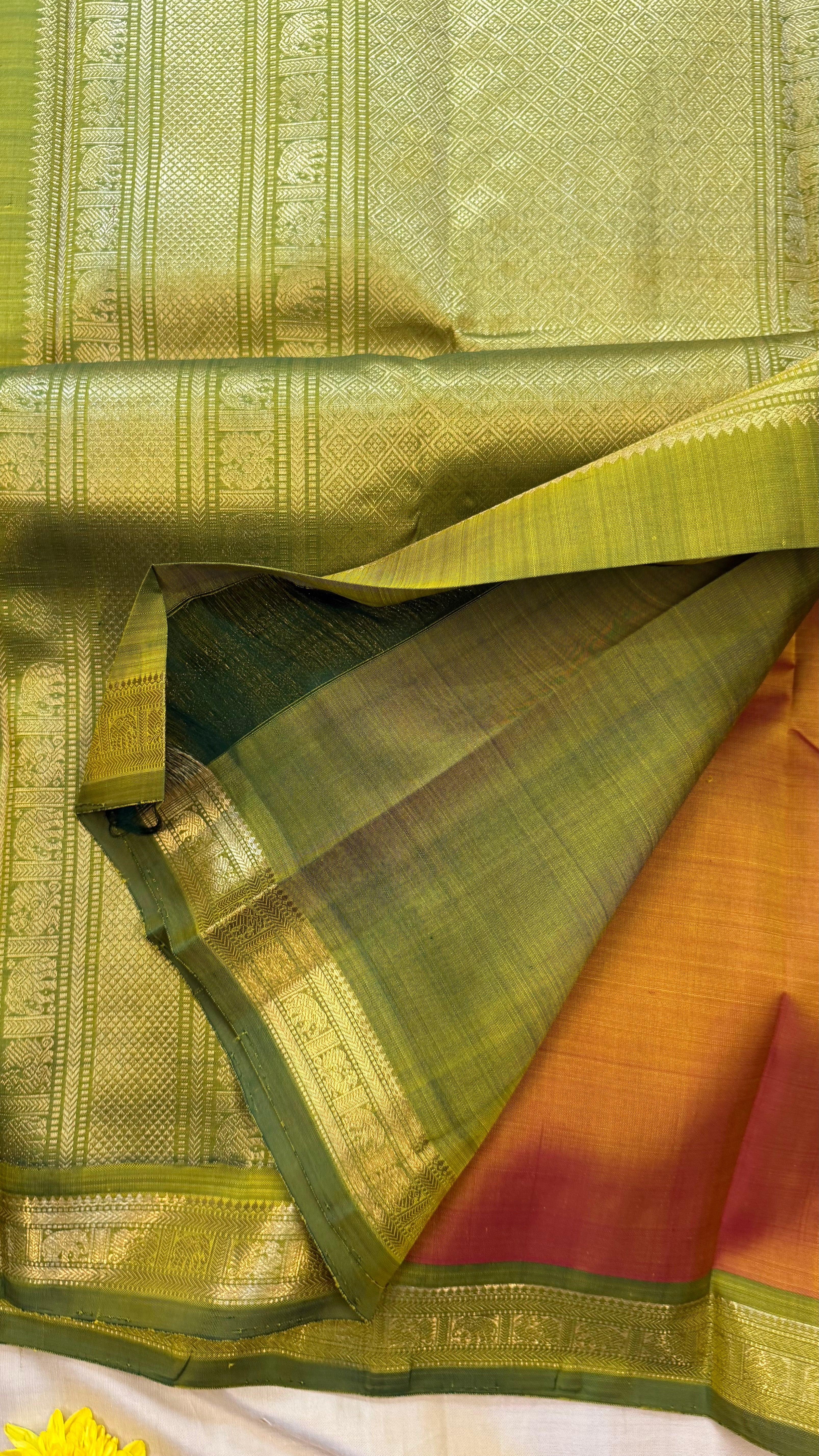 Golden mustard and green small border/ Kanjipuram Silk