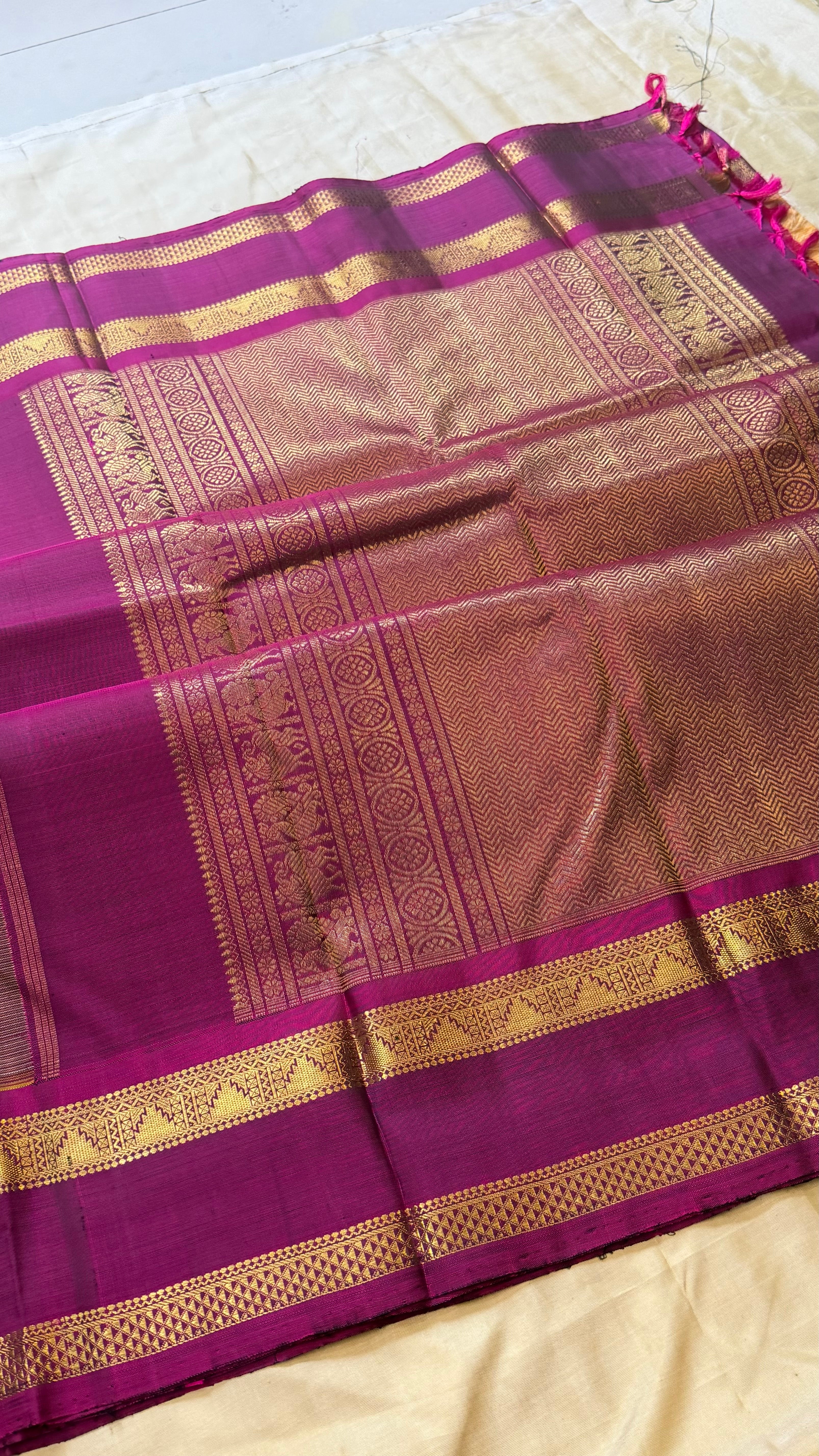 Sandalwood shade and magenta rettapet border kai korvai/ Kanjipuram Silk