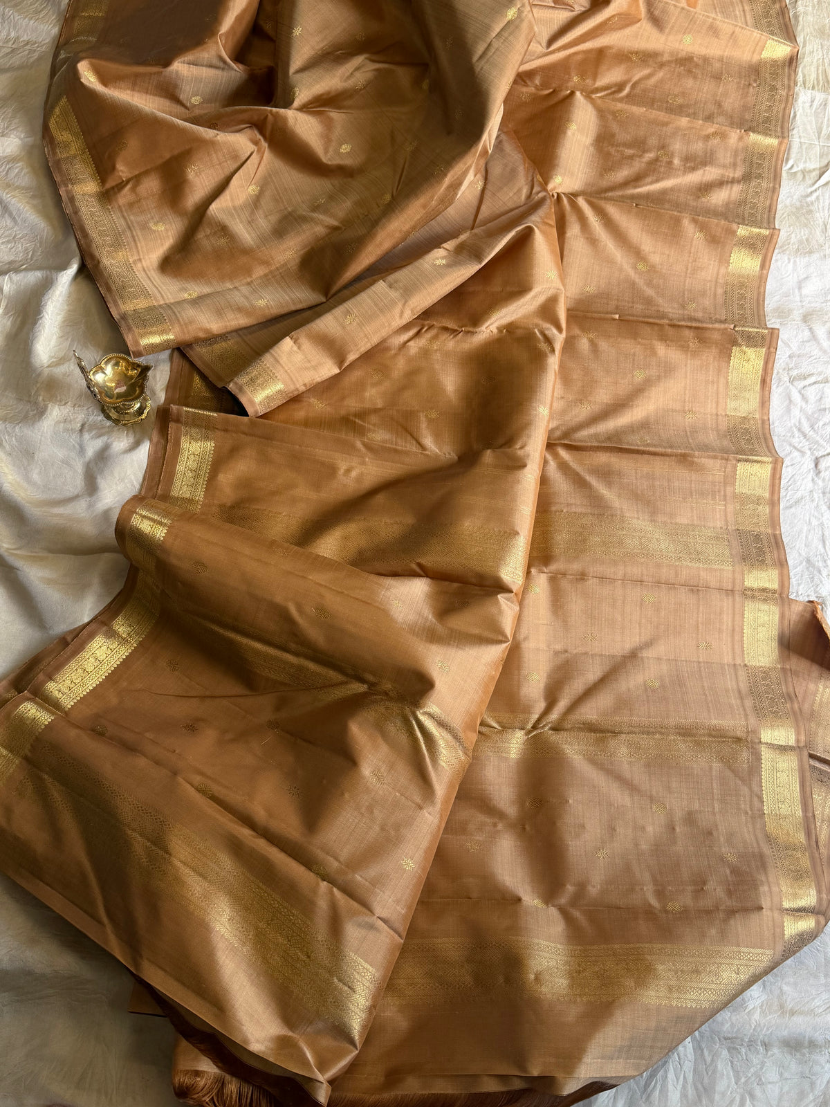 Golden brown color pure Zari pencil border Kanjipuram