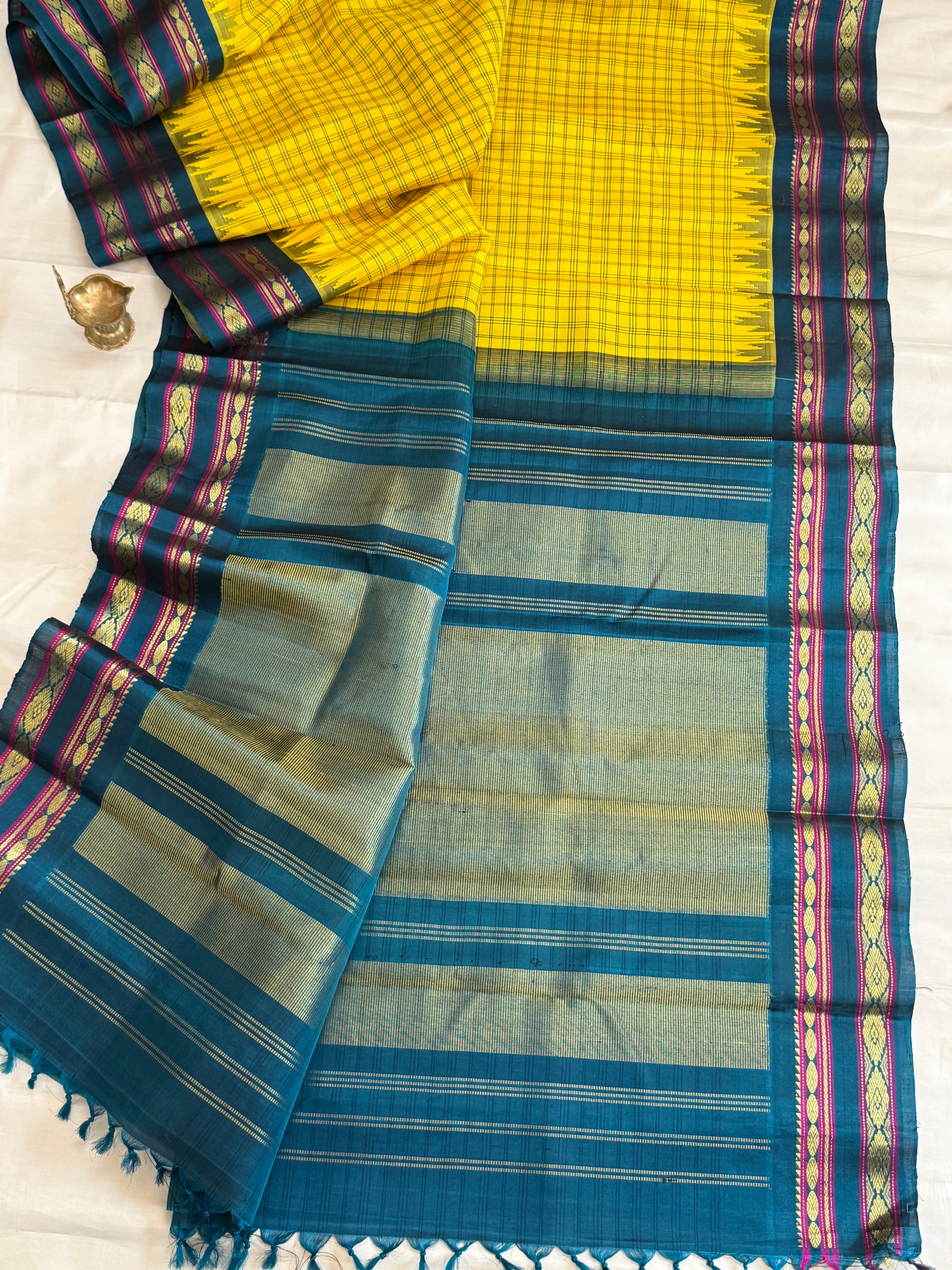 Lemon yellow body checks with teal blue border/ Gadwal silk CLSA11289