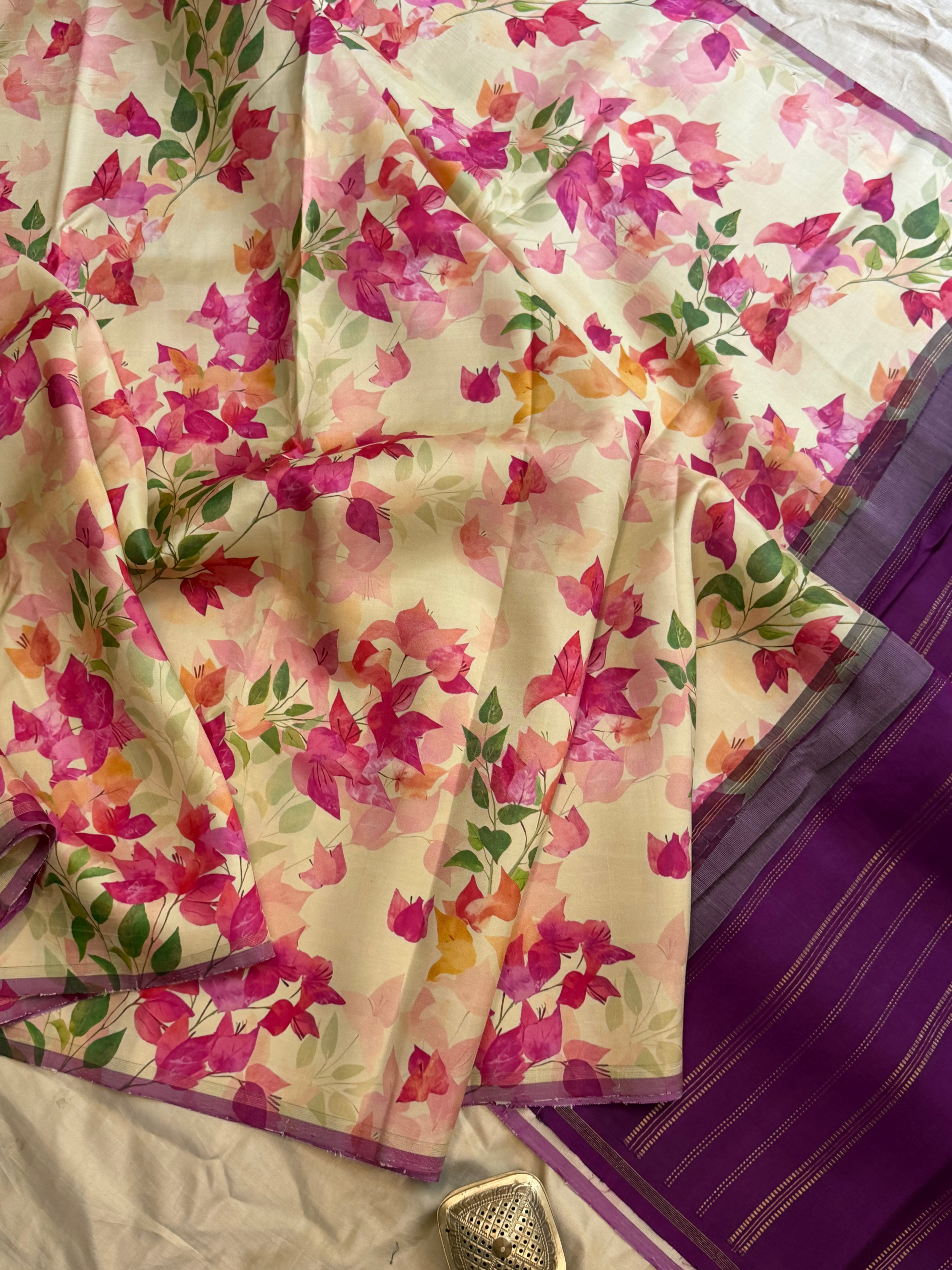 Floral digital printed / pure Zari Kanjipuram silk