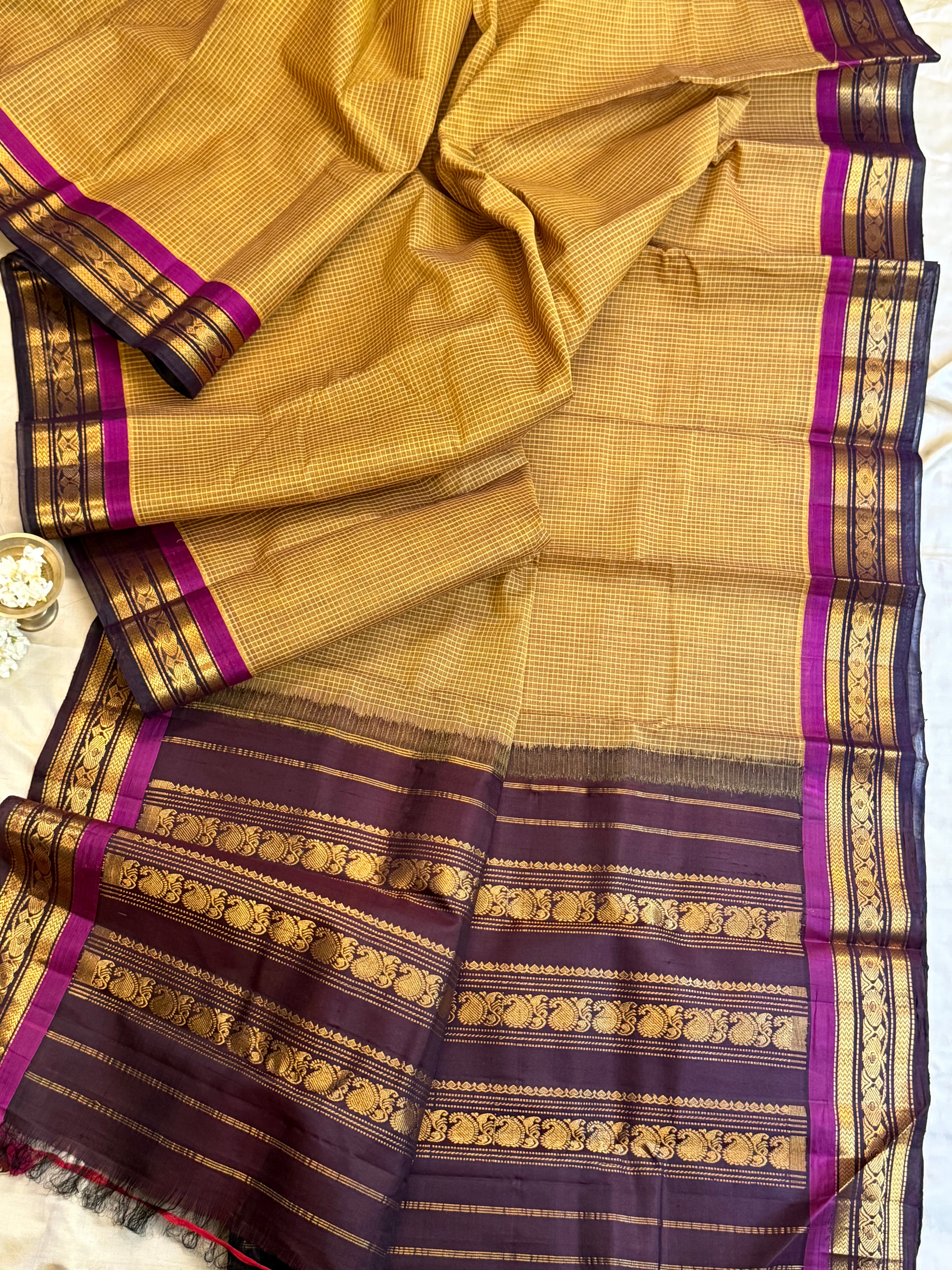 Mustard yellow and deep purple korvai / Gadwal cotton ( No Blouse)